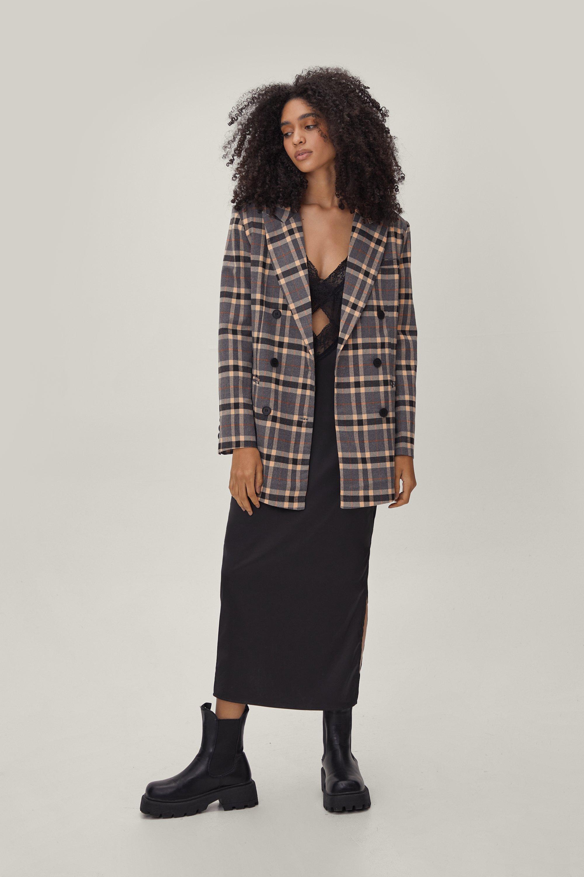 Blazer Oversize À Carreaux Et À Double Boutonnage - Gris - 32, Gris