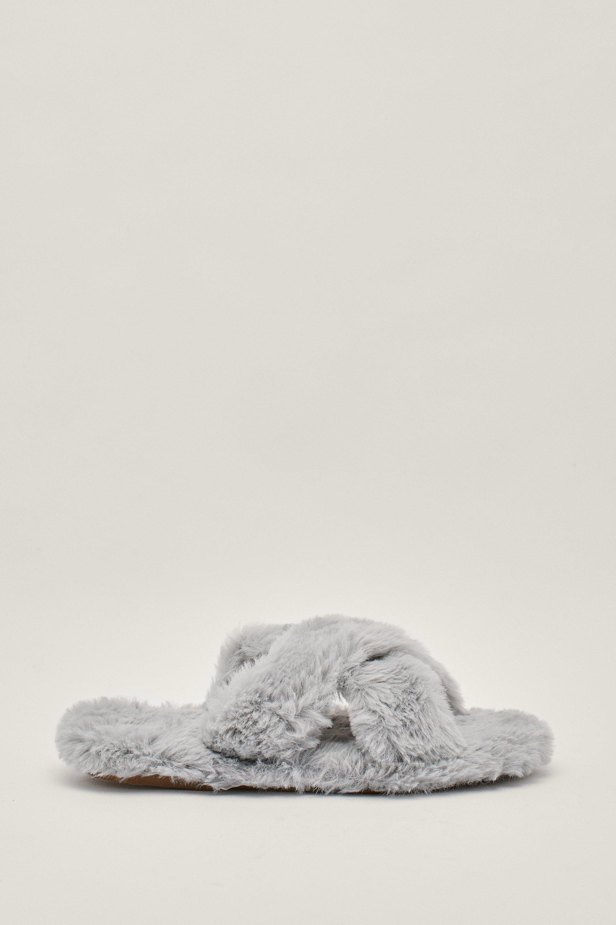 Soft Faux Fur Crossover Slippers - Gris - 4, Gris