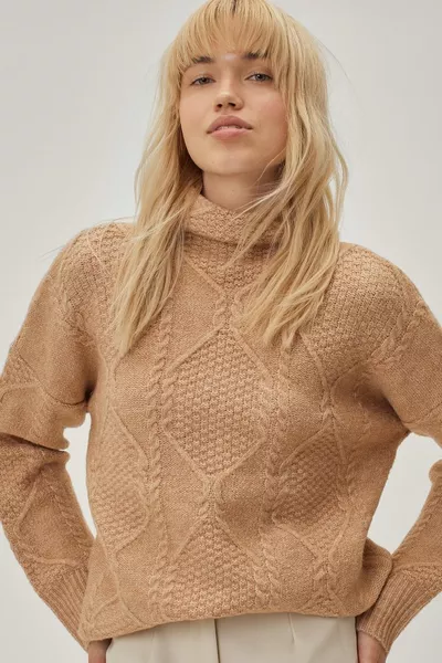 Knitted High Neck Cable Sweater