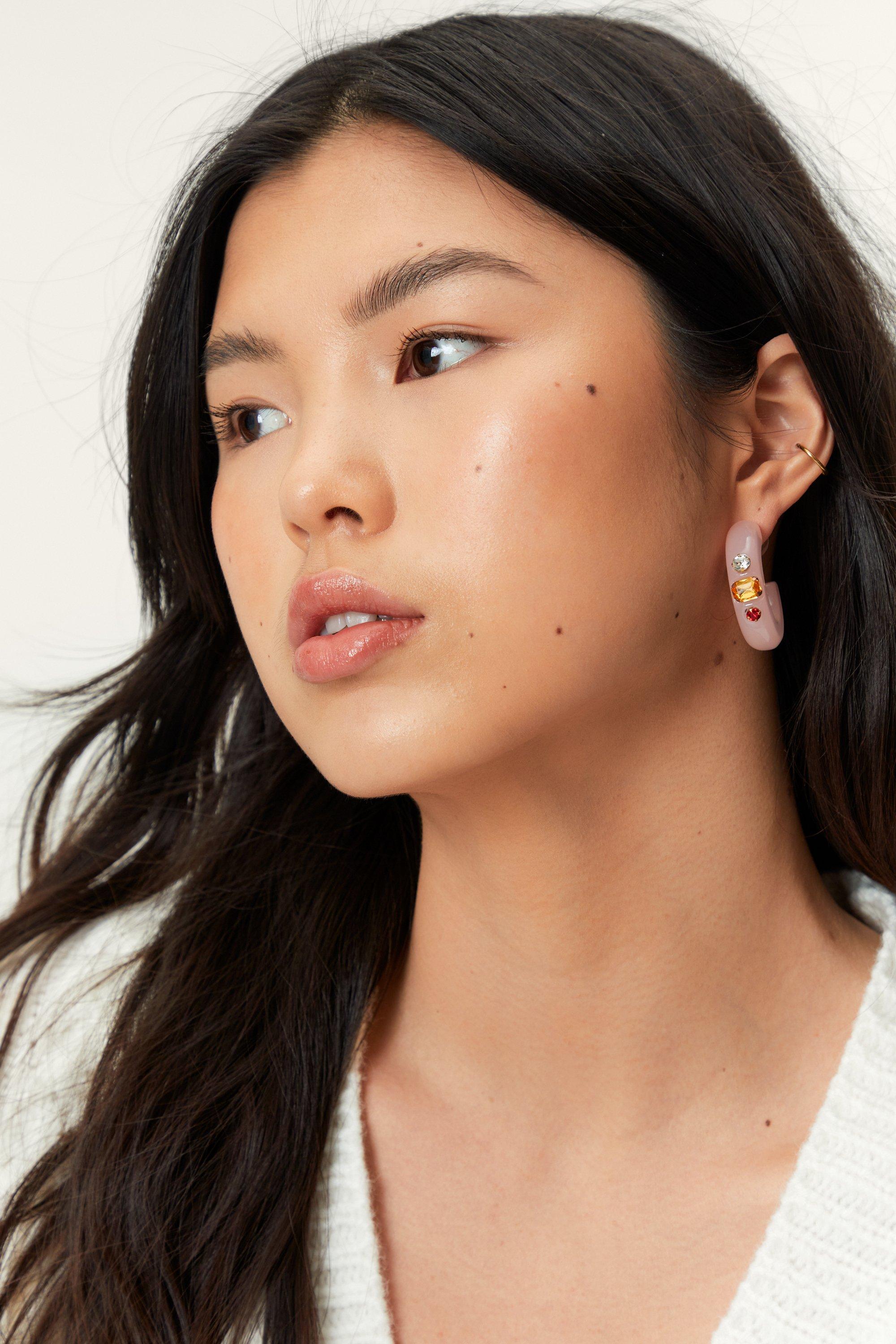 Boucles D'Oreilles En Forme D'Anneau, Ornées D'Un Bijou De Couleur. - Rose - One Size, Rose
