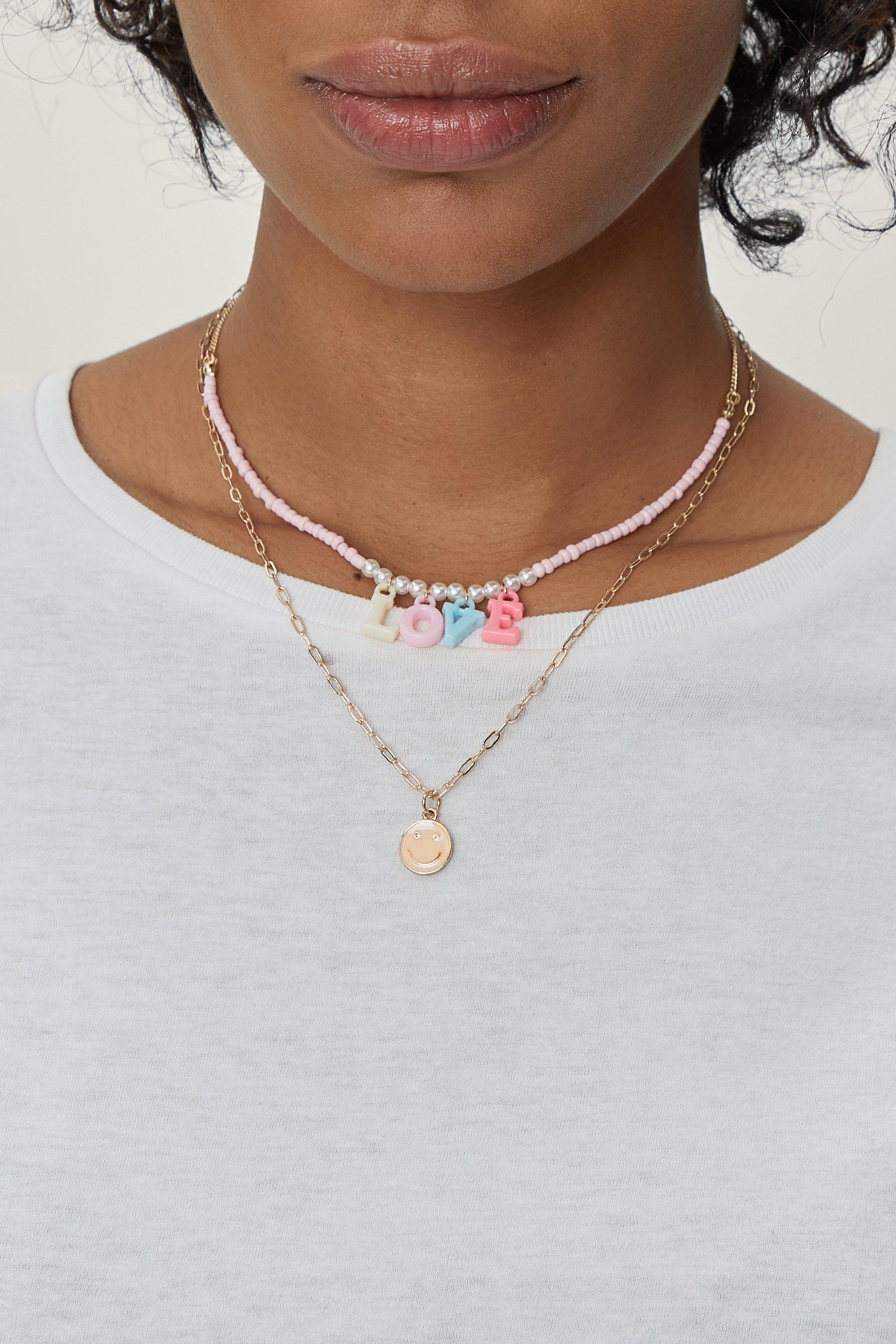Collier En Perles Recyclées Avec Pendentif Love Smiley Superposé - Métallique - One Size, Métallique