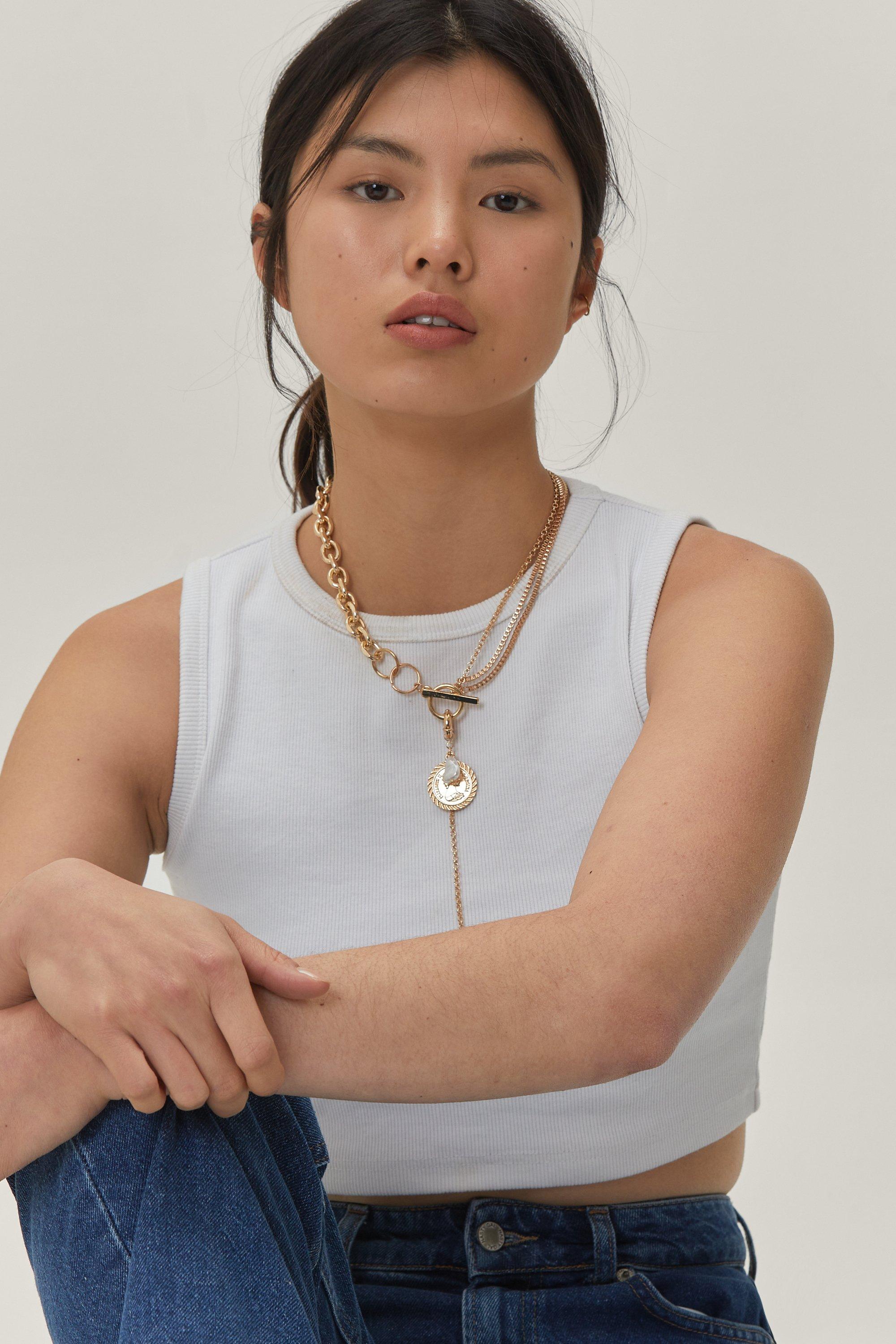 Collier À Pendentif Pièces De Monnaie En Chaînes Mixtes Épaisses - Métallique - One Size, Métallique