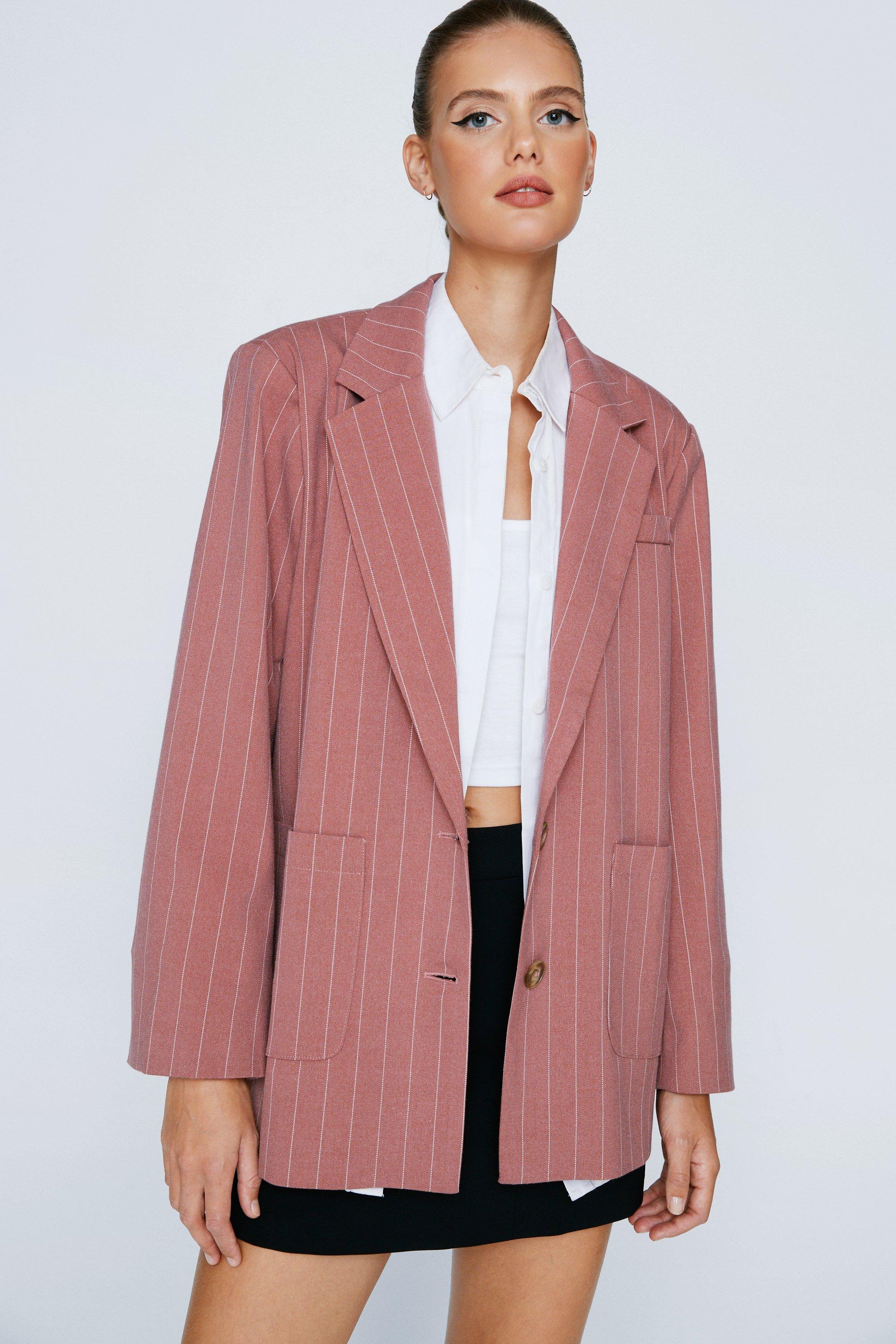 Blazer Oversize En Laine Rayée - Rose - 46, Rose