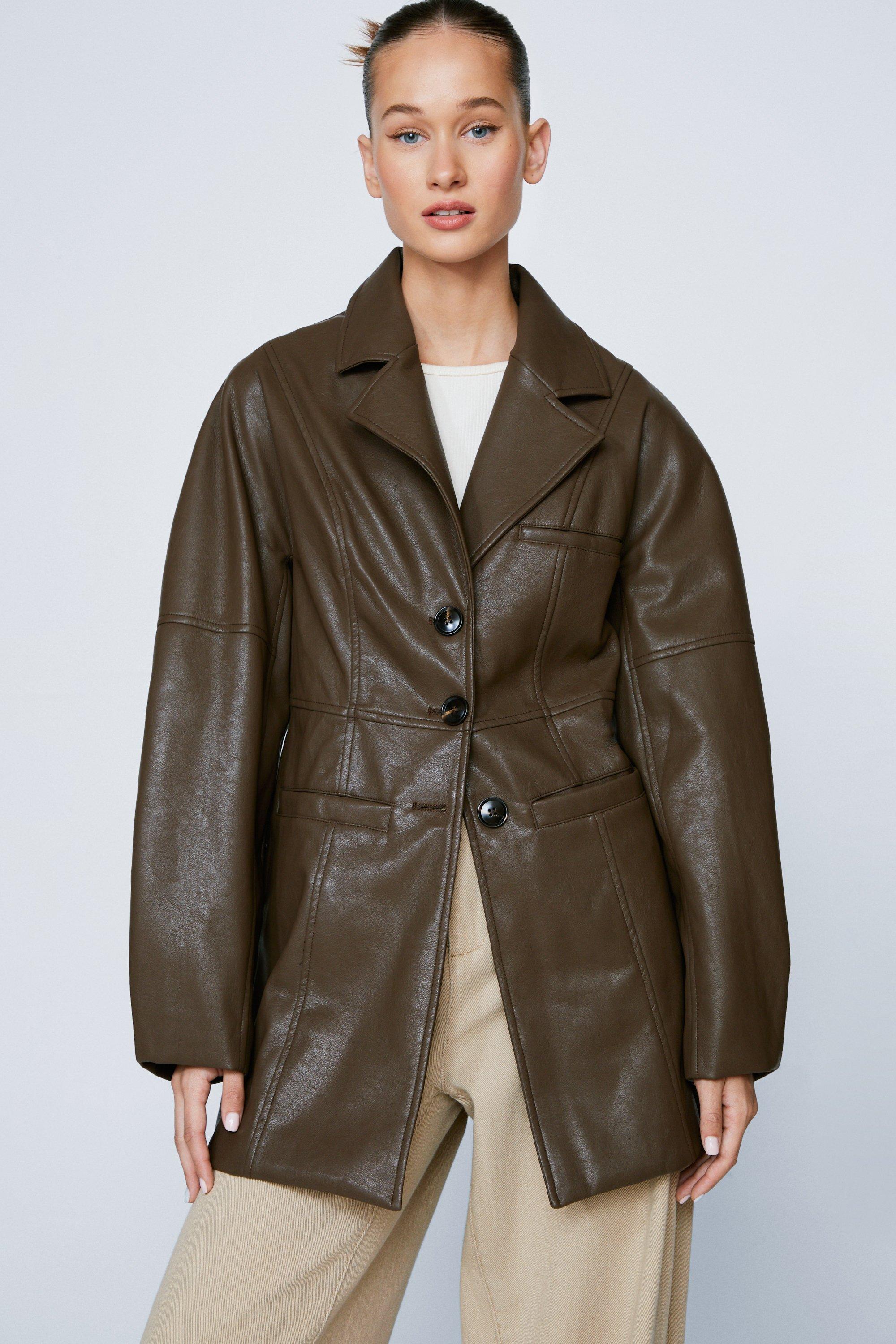 Blazer À Manches Volumineuses En Similicuir De Qualité Supérieure - Marron - 36, Marron