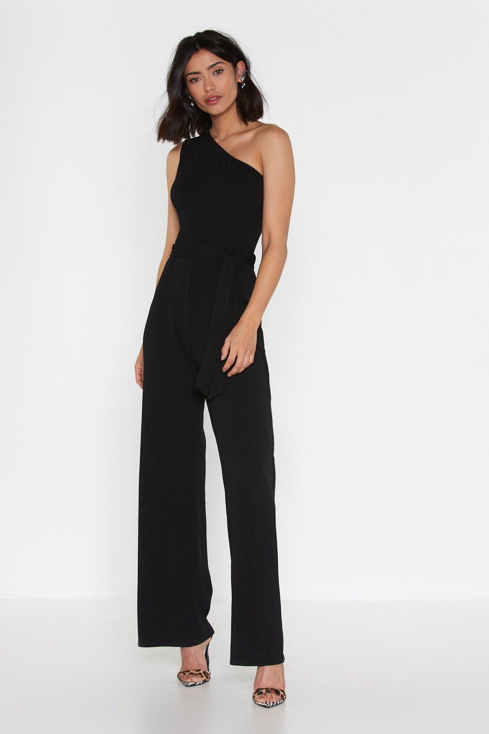 black belted one shoulder jumpsuit