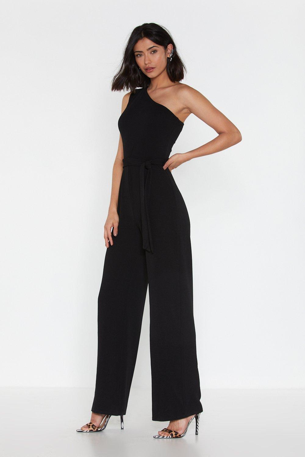 one shoulder belted jumpsuit