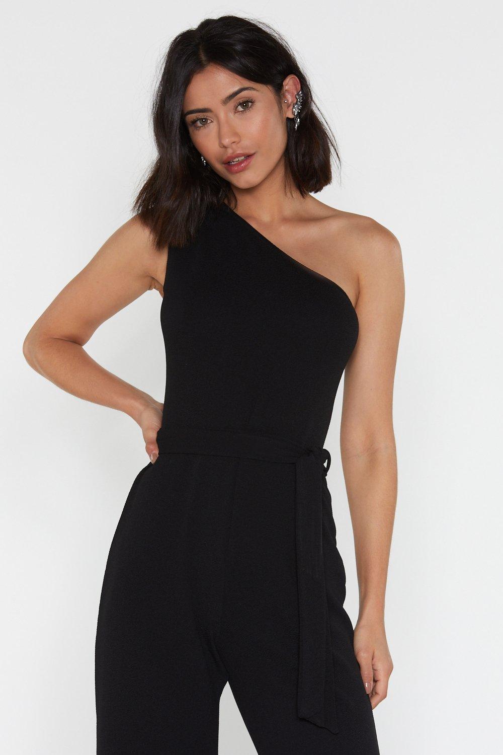 one shoulder belted jumpsuit