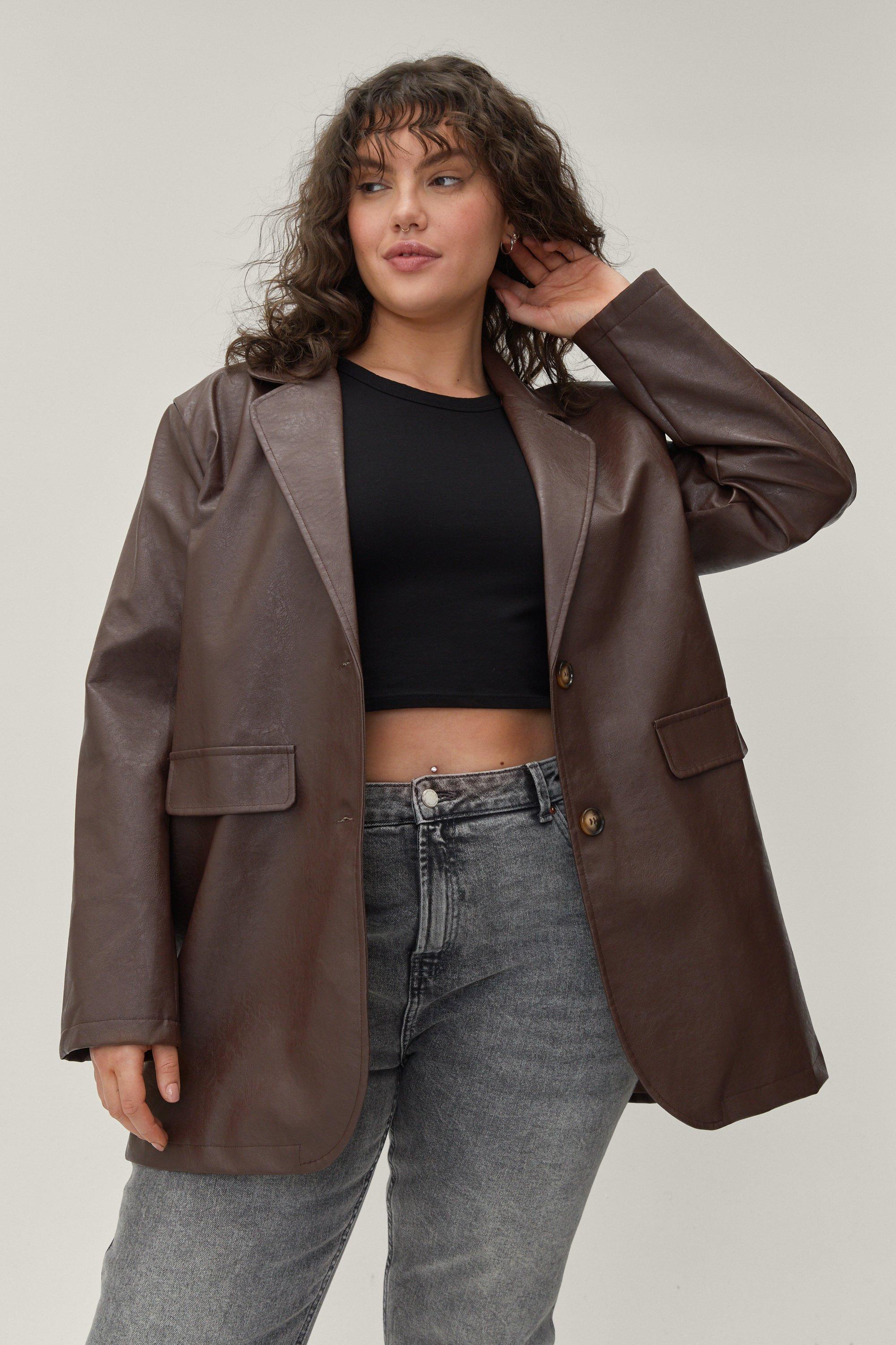 Grande Taille - Blazer En Similicuir - Marron - 46, Marron