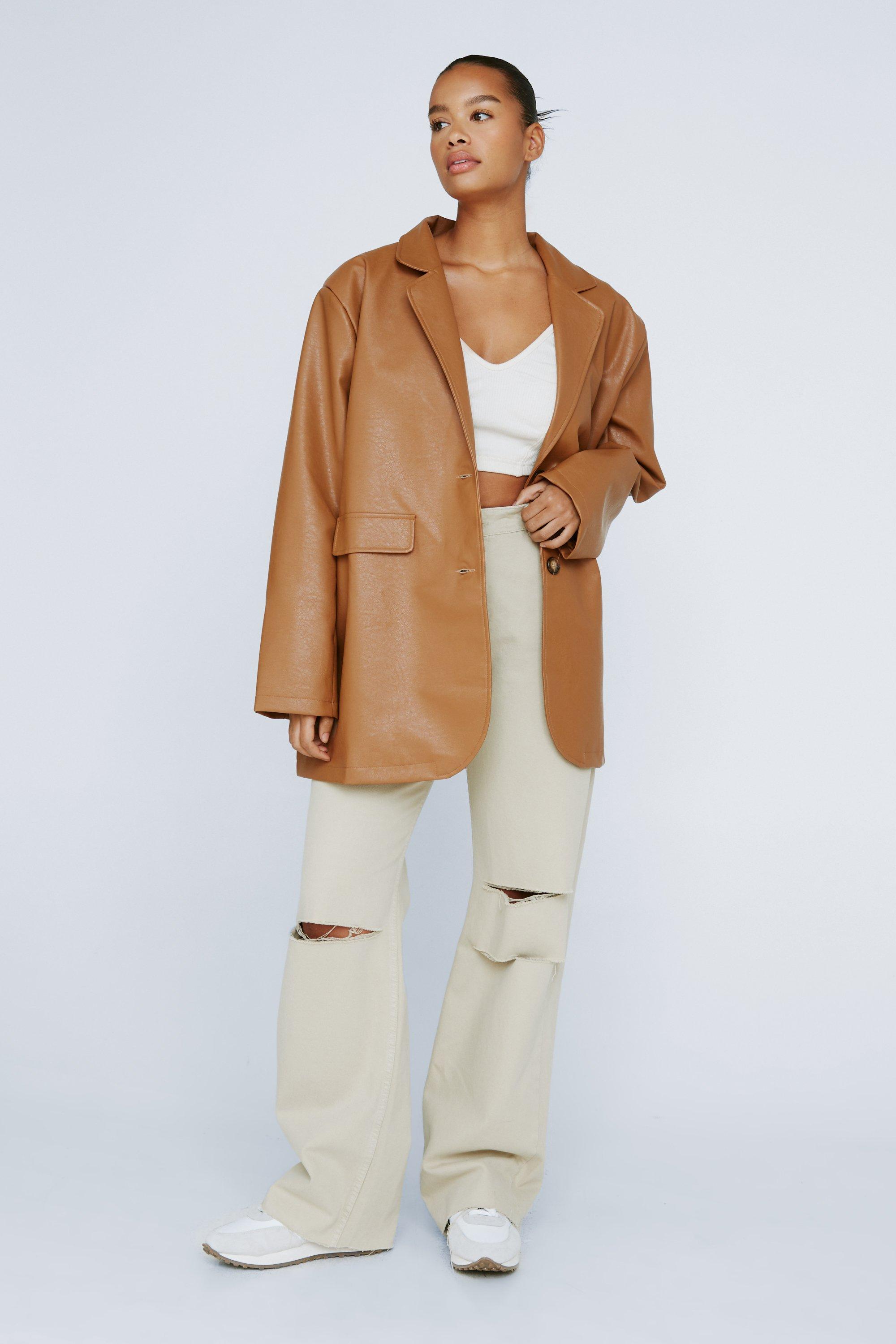 Grande Taille - Blazer En Similicuir - Beige - 44, Beige