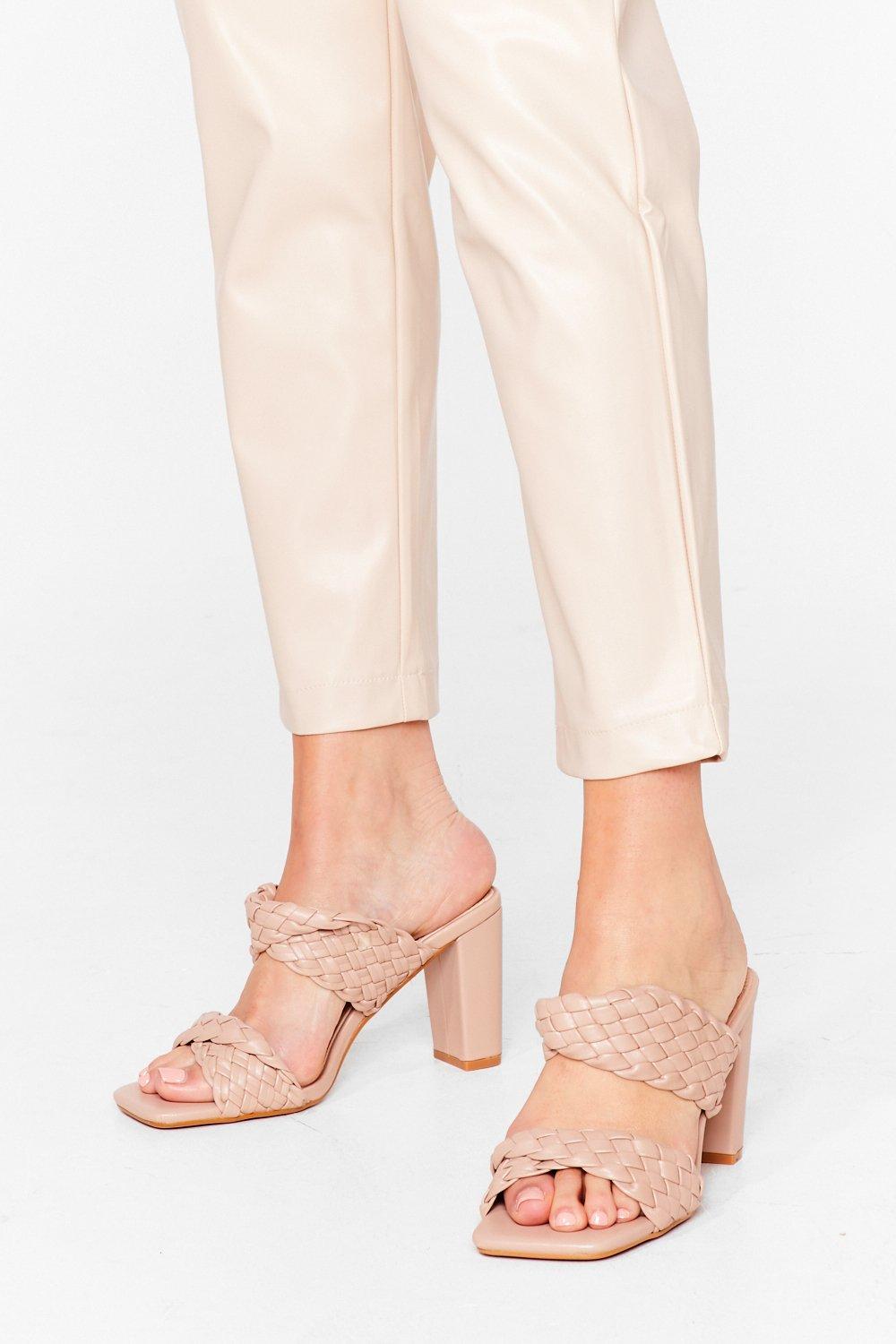 woven heeled mules