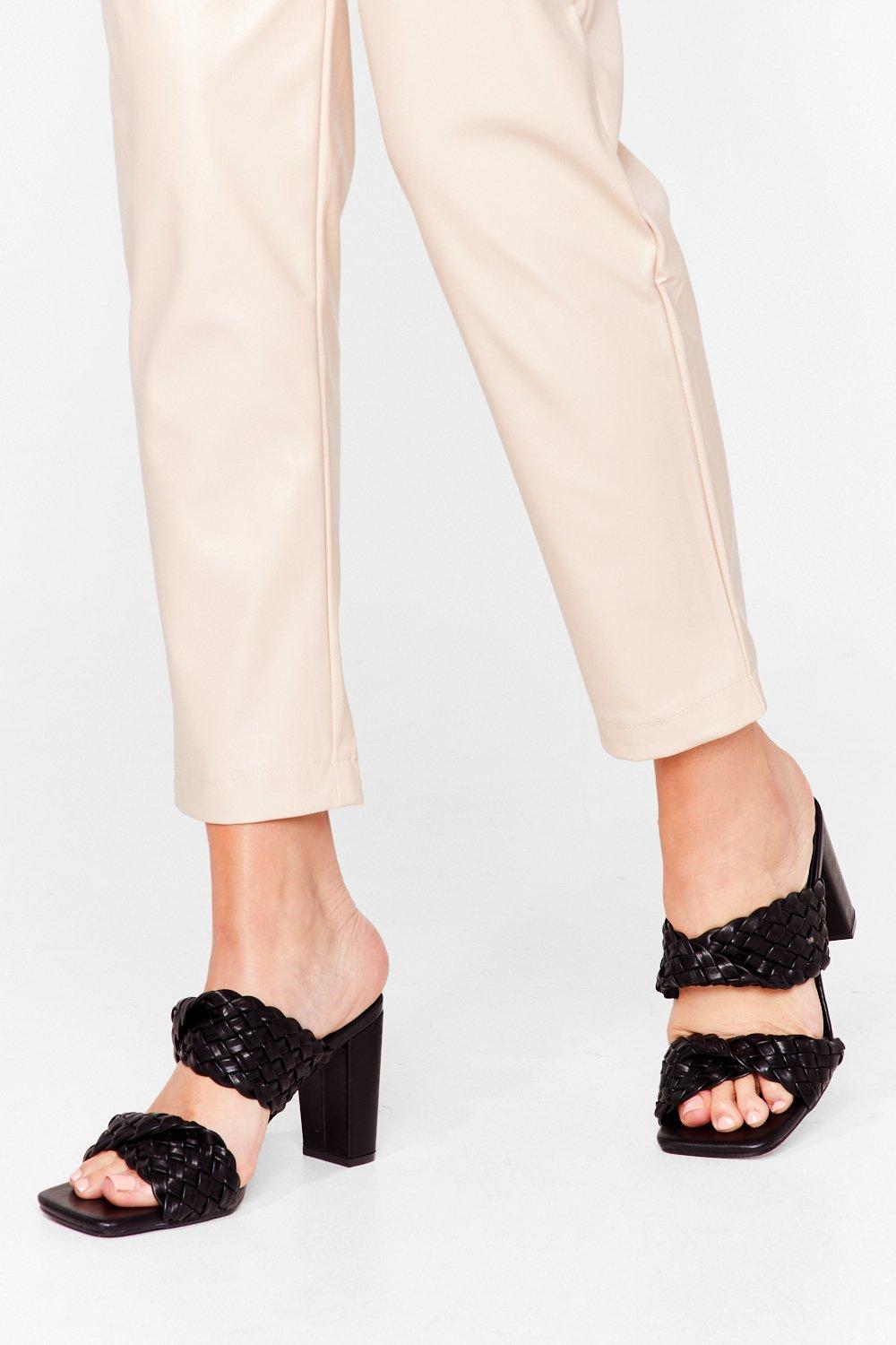woven heeled mules