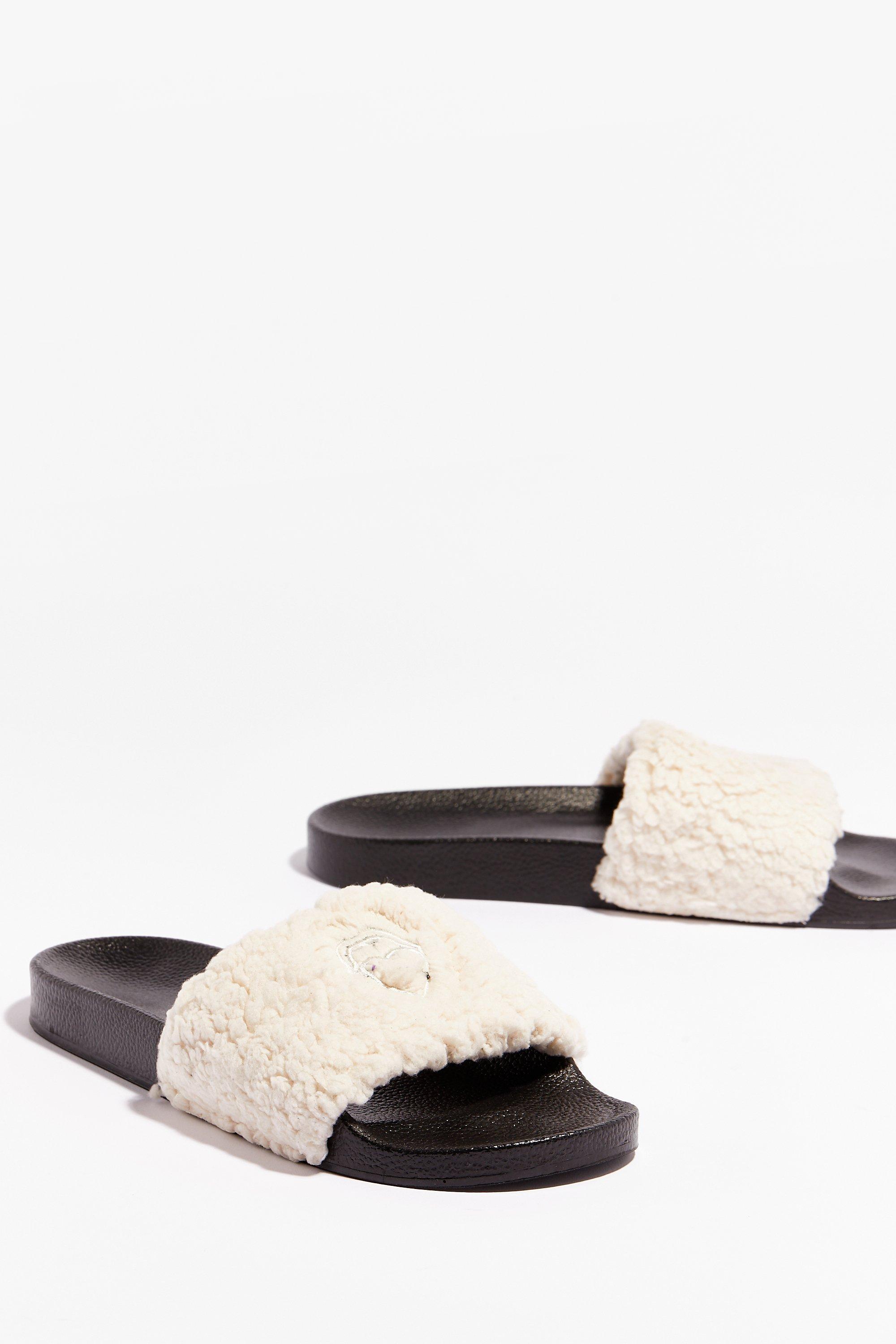 cream fur sliders