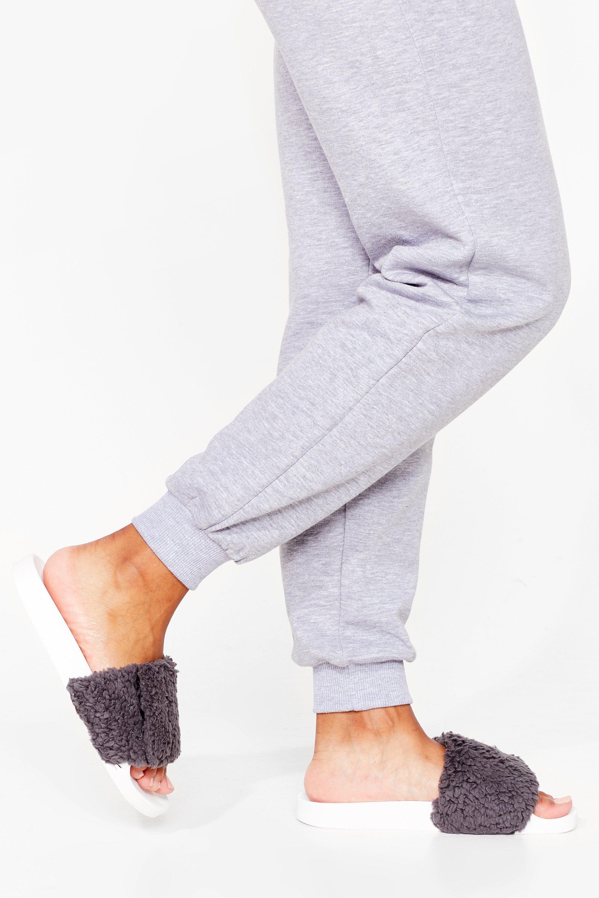 grey faux fur sliders