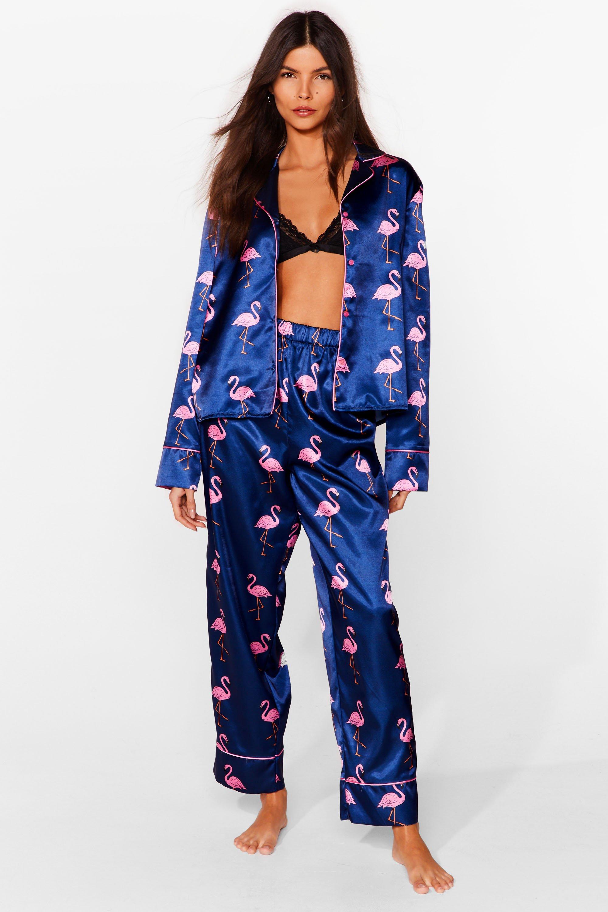 Womens Flamingo Away Satin Pyjama Trousers Set Navy 8 Navy Nasty Gal Uk