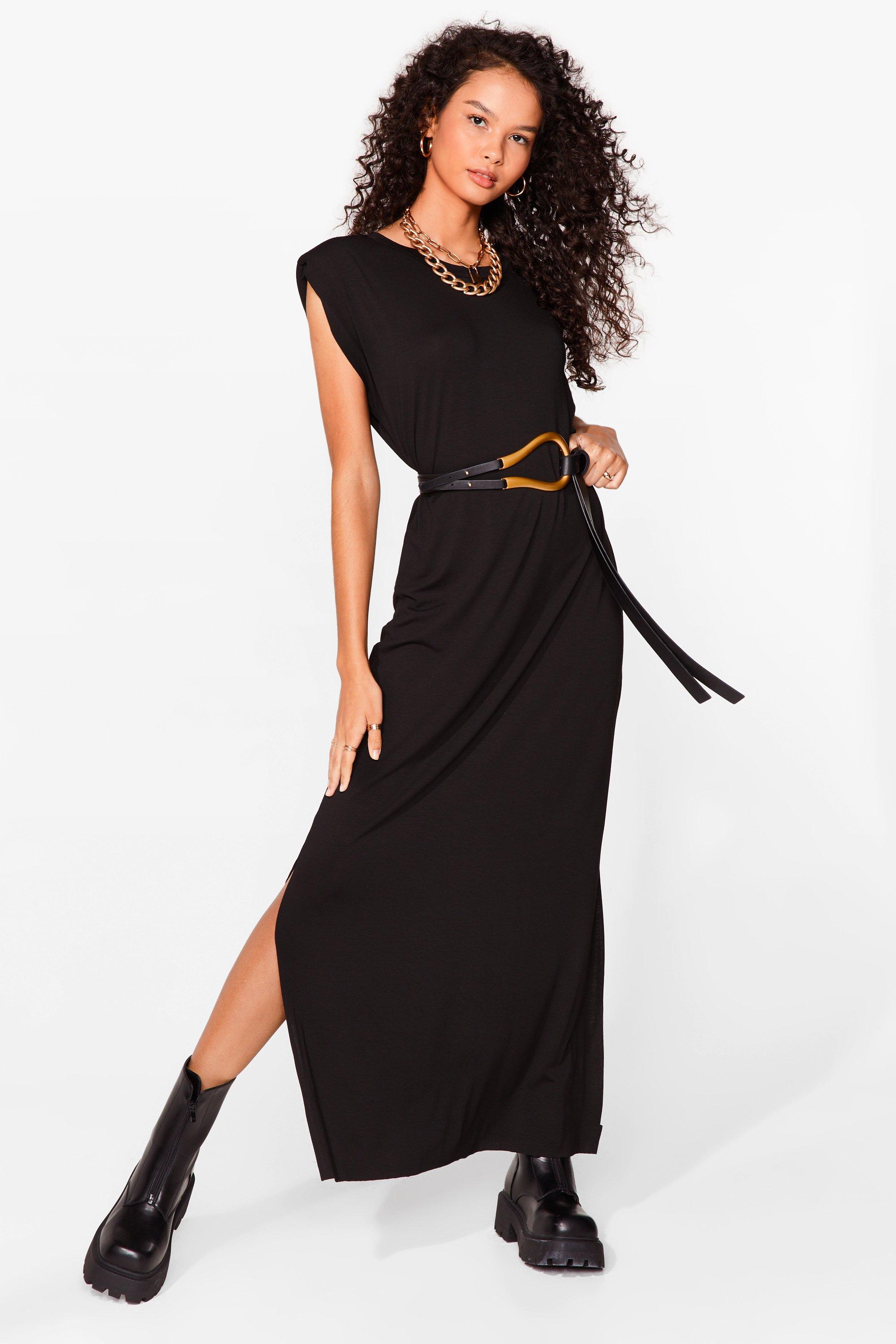 black shoulder pad dress