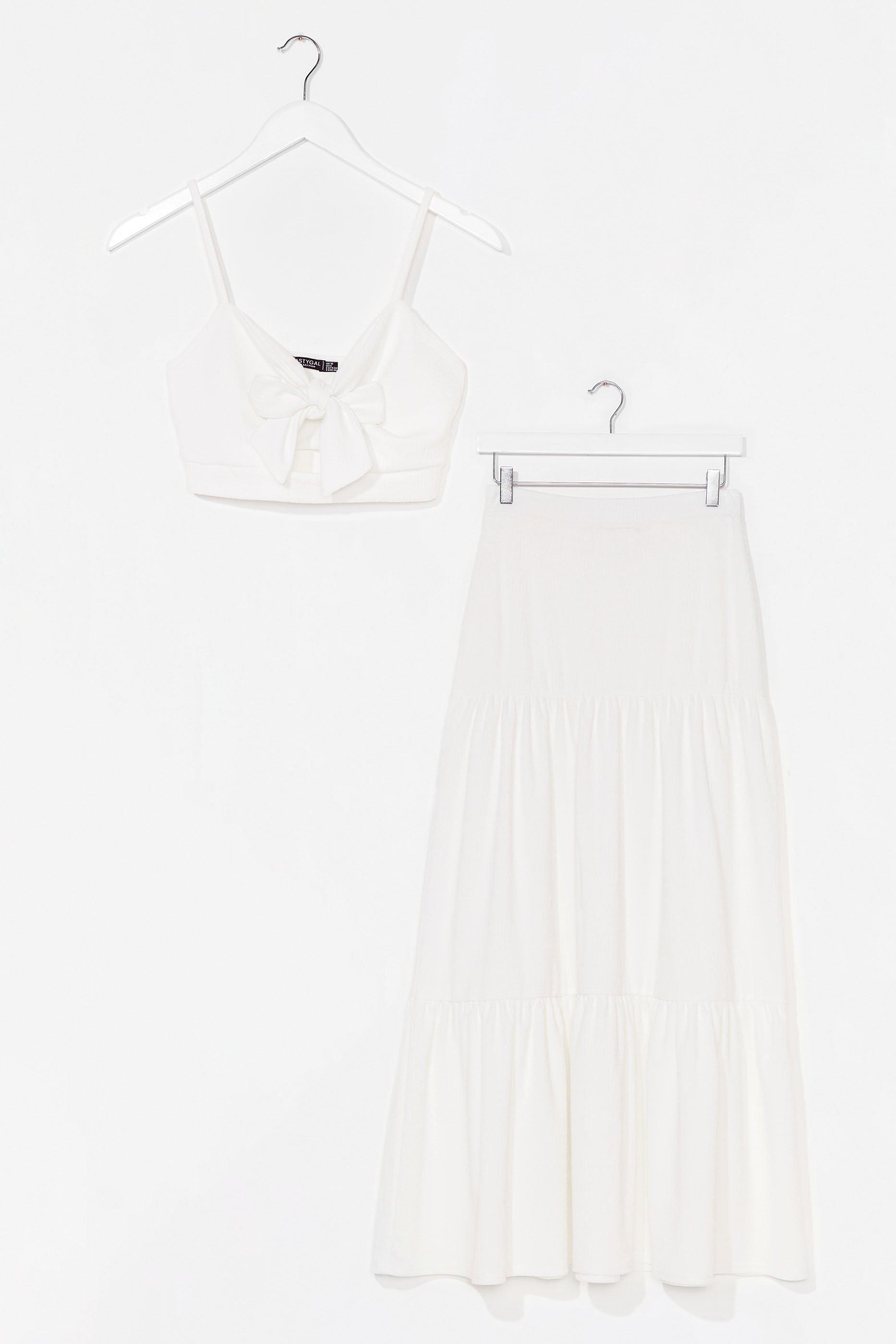 white maxi skirt and crop top