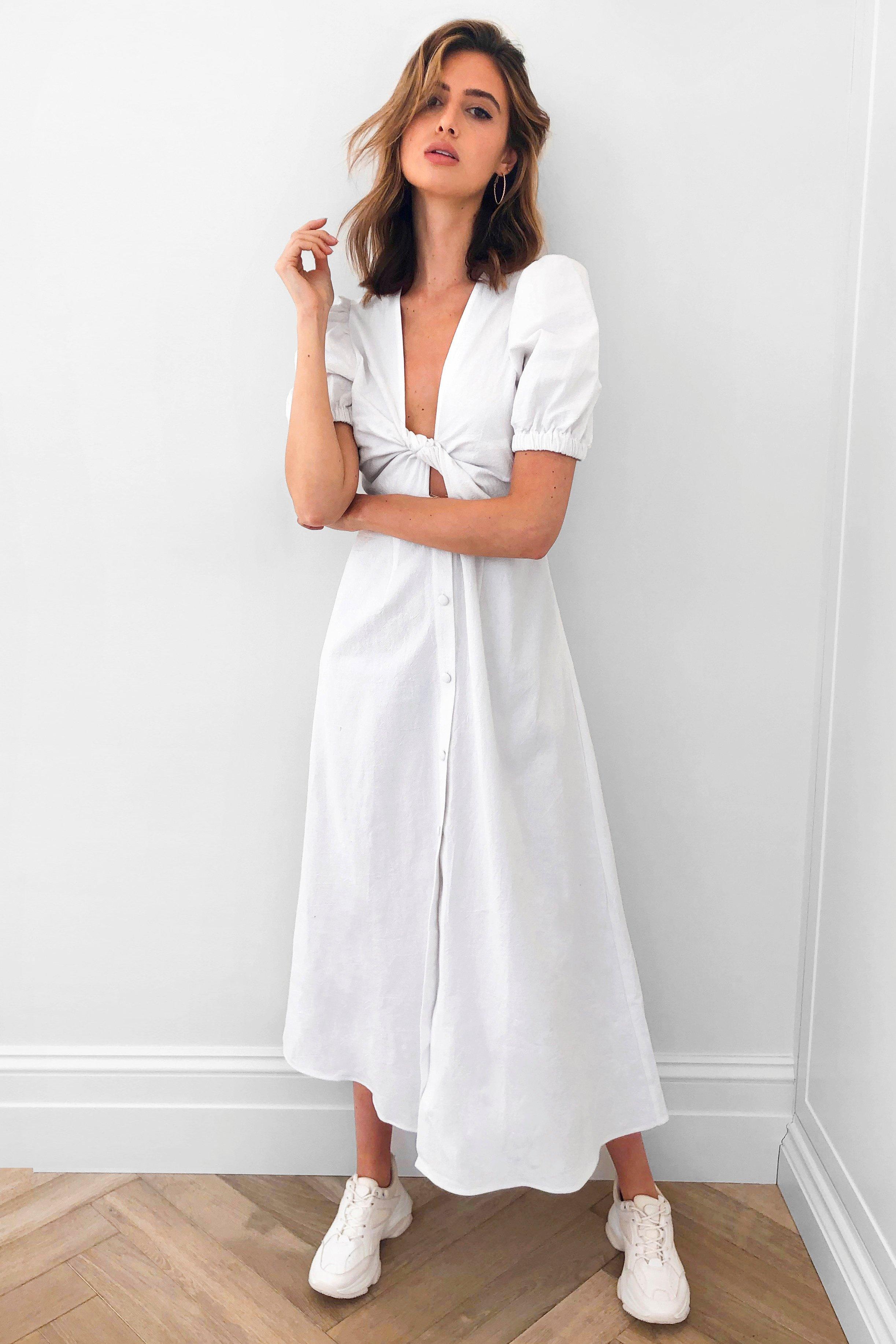 white maxi button down dress