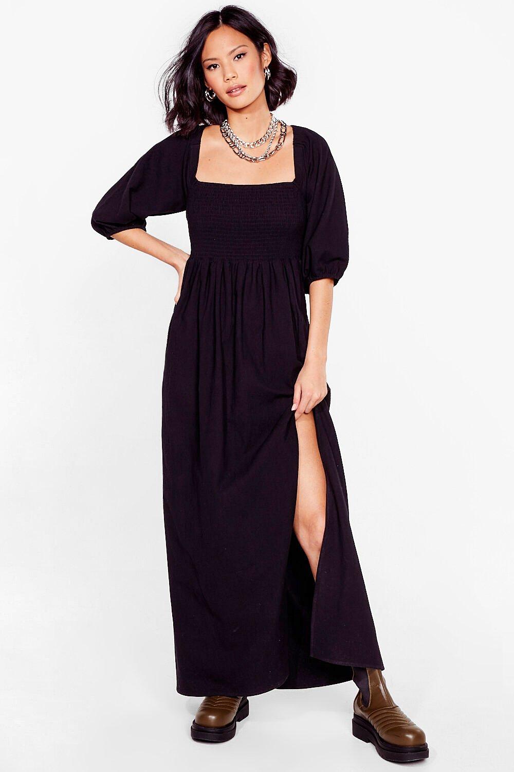 shirred maxi dress with sleeves