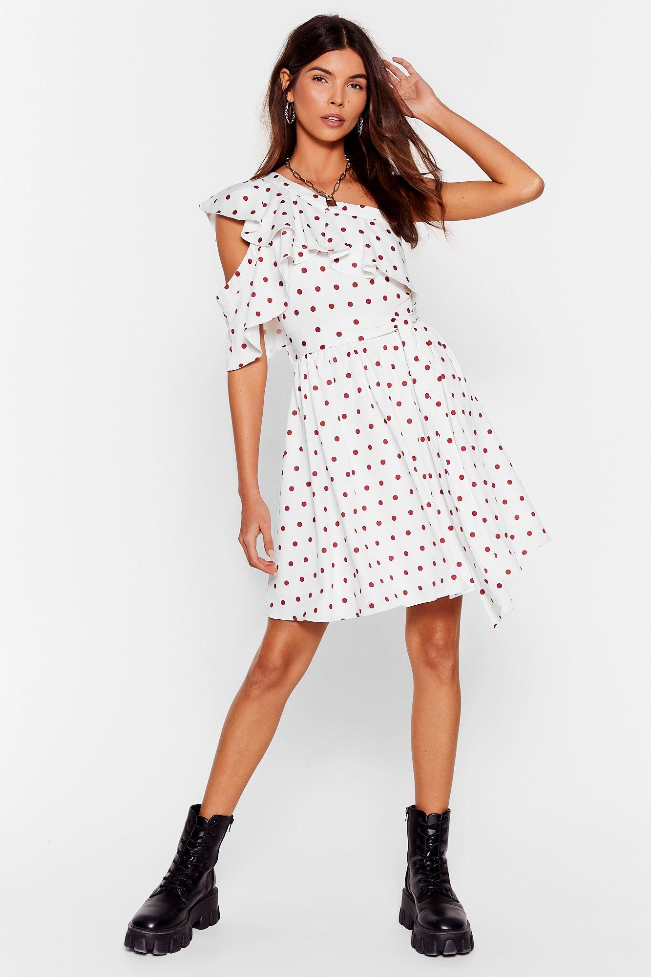 white polka dot ruffle dress