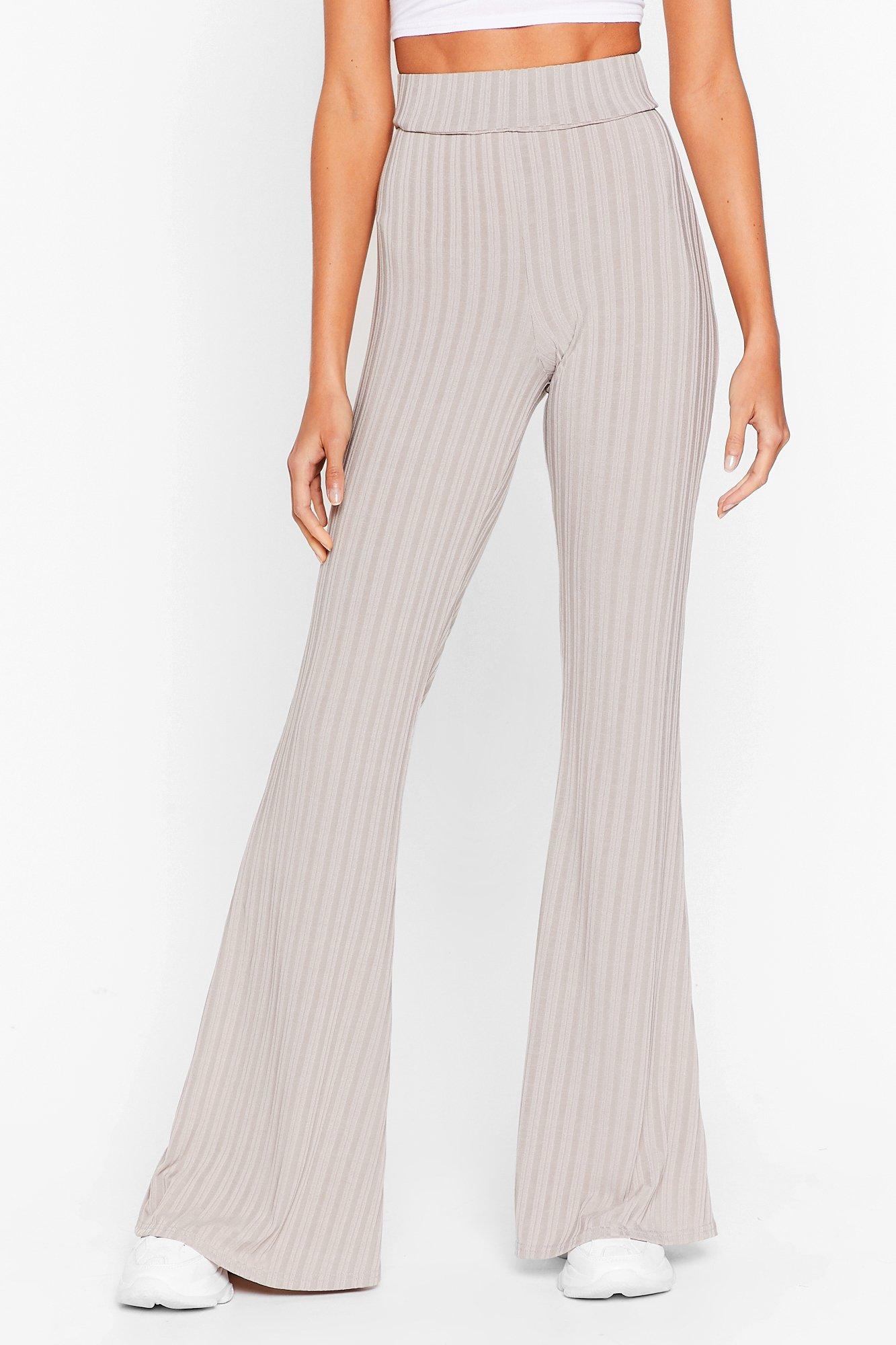 white ribbed flare pants