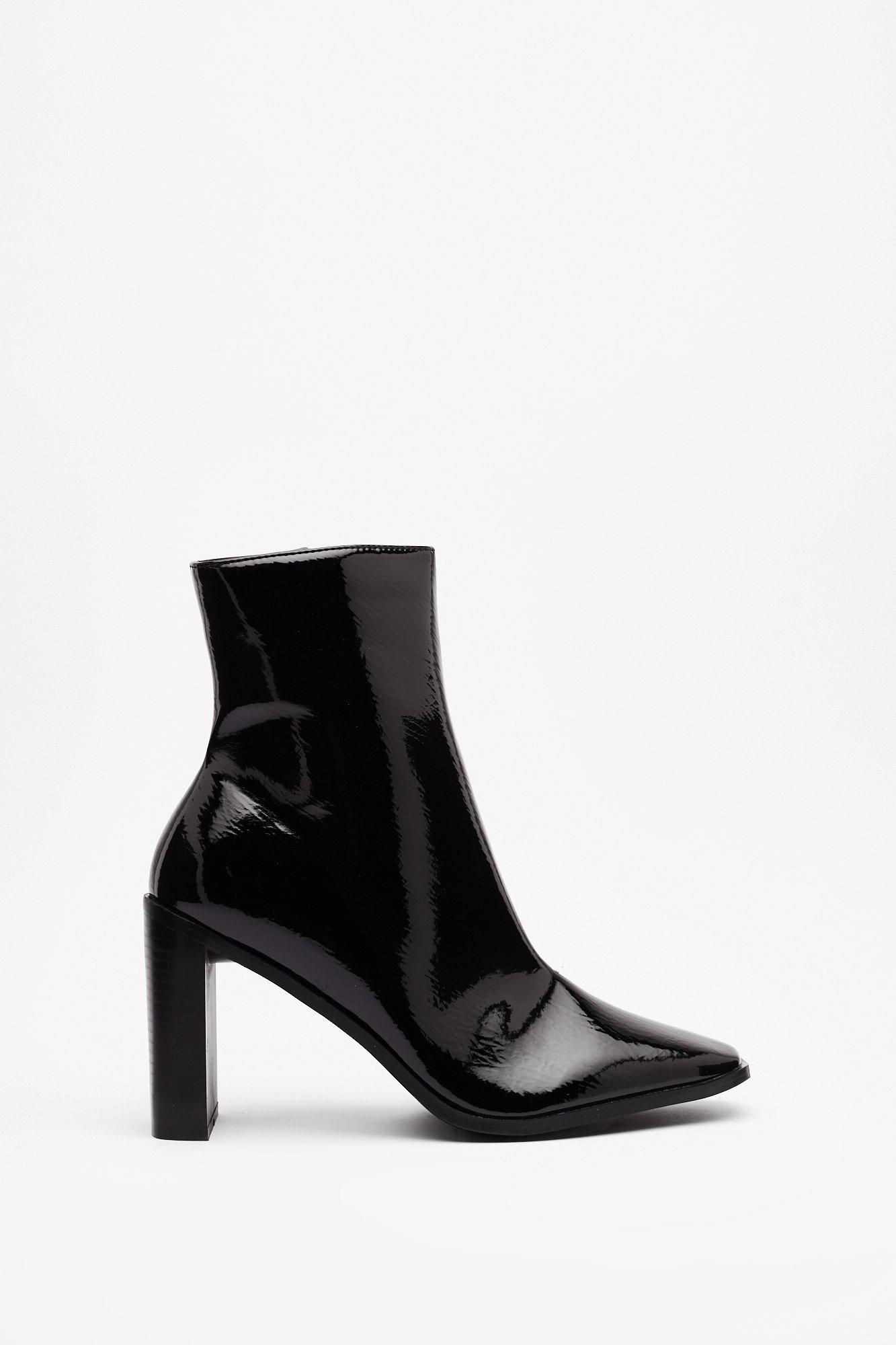 heeled patent ankle boots