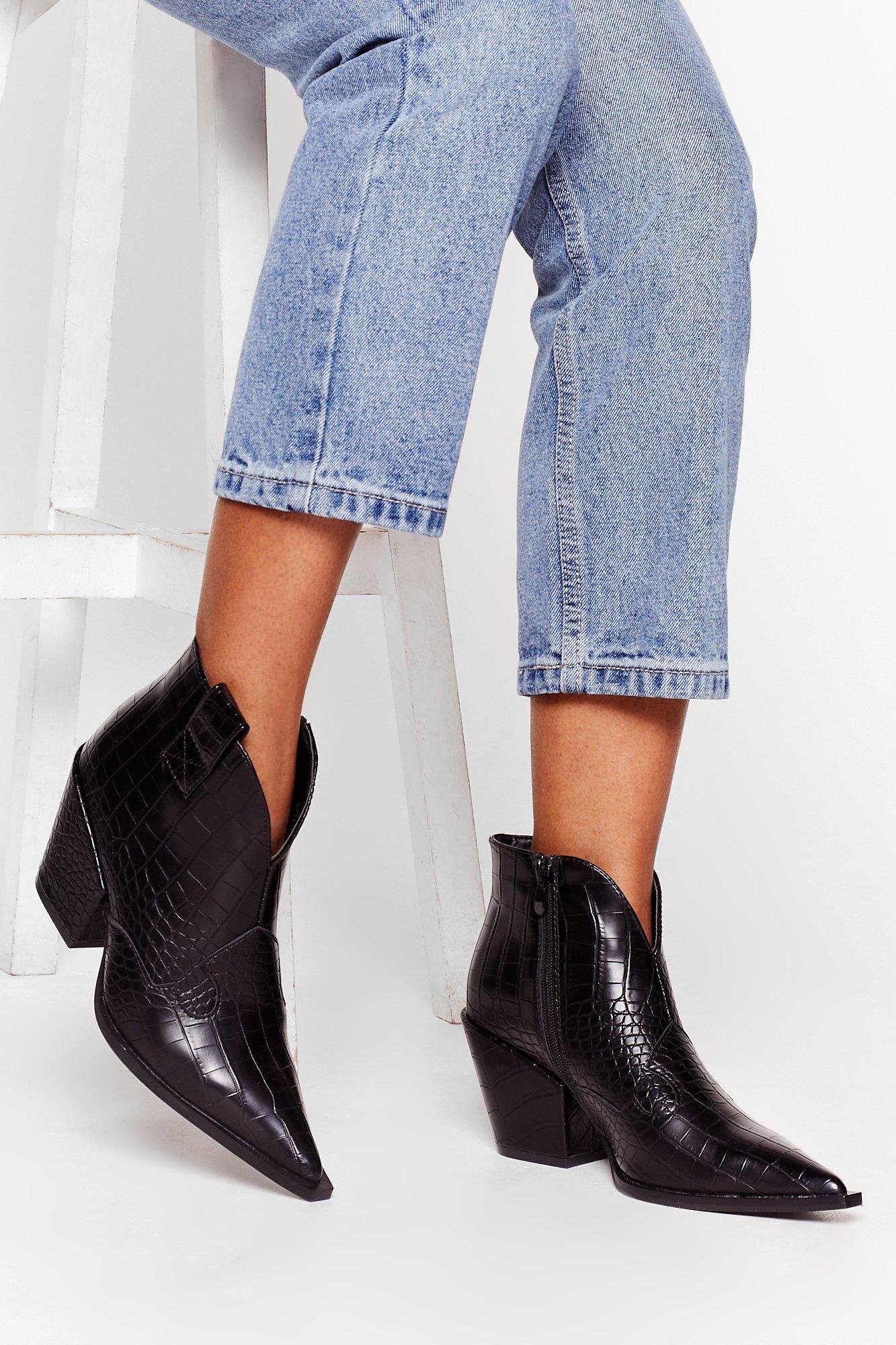 pointed croc ankle boots