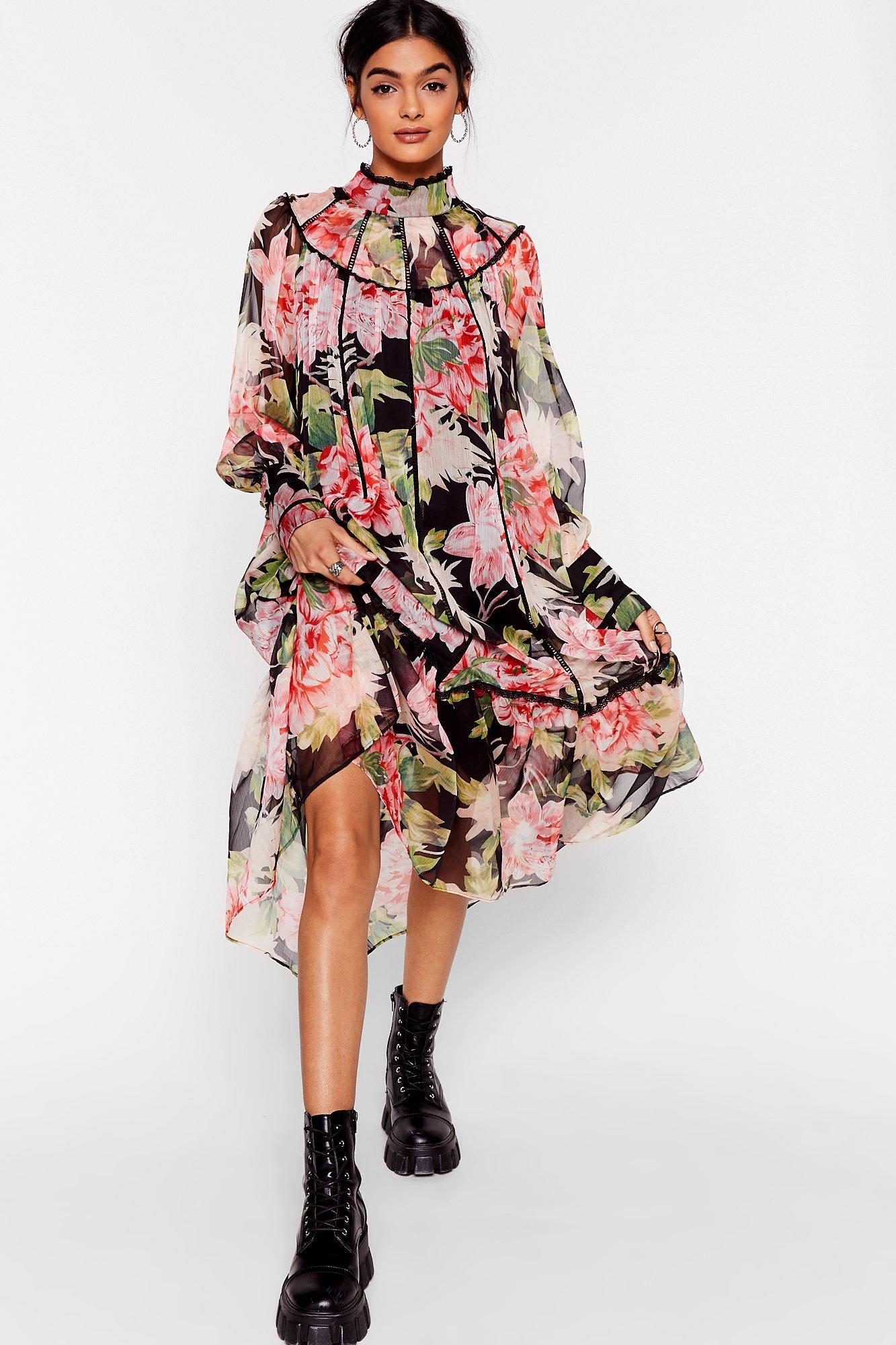 high neck floral midi dress