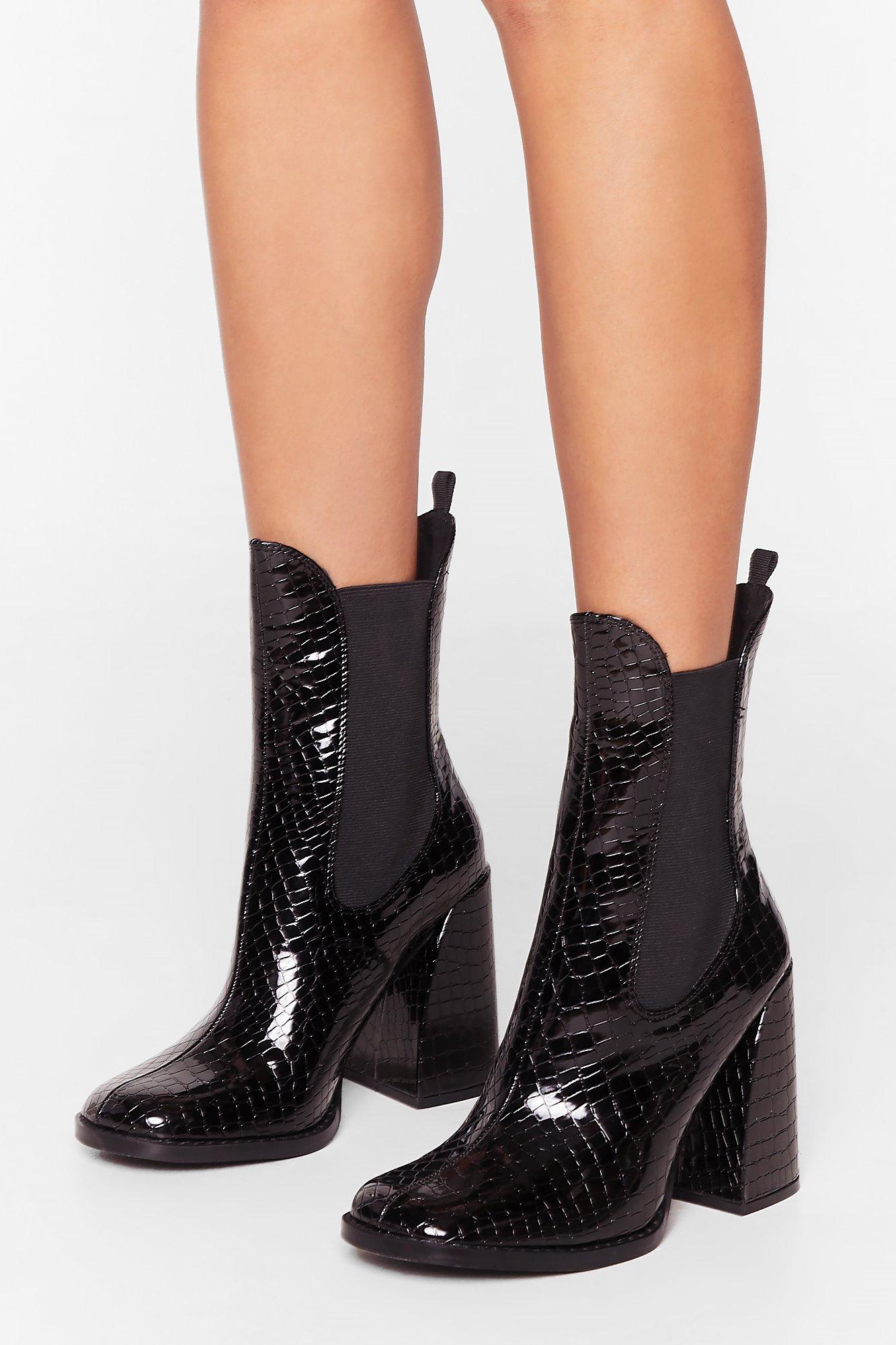 black faux leather heeled boots
