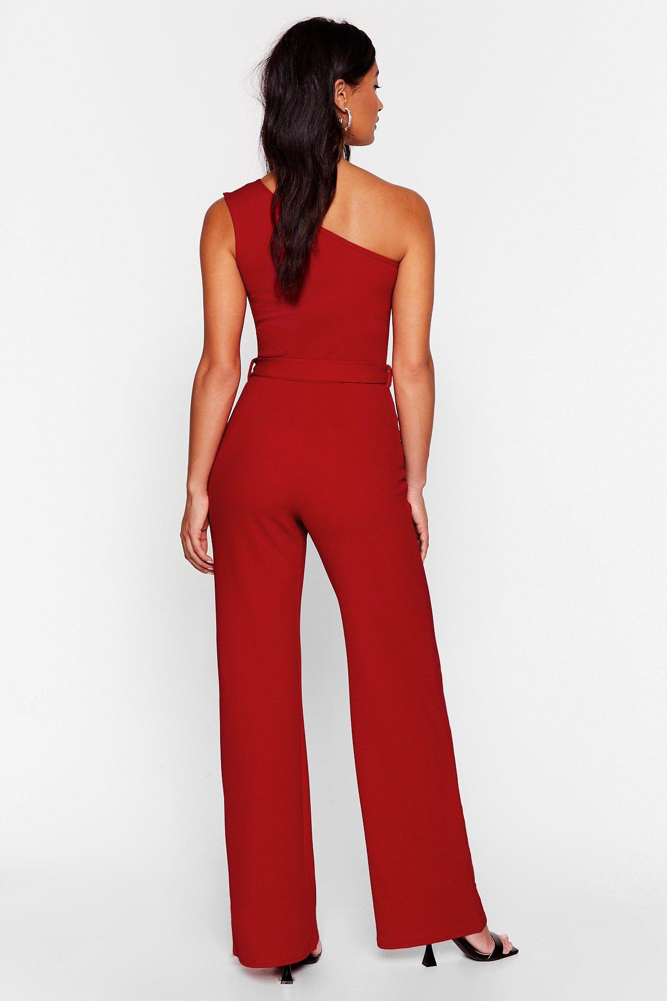 red belted one shoulder jumpsuit