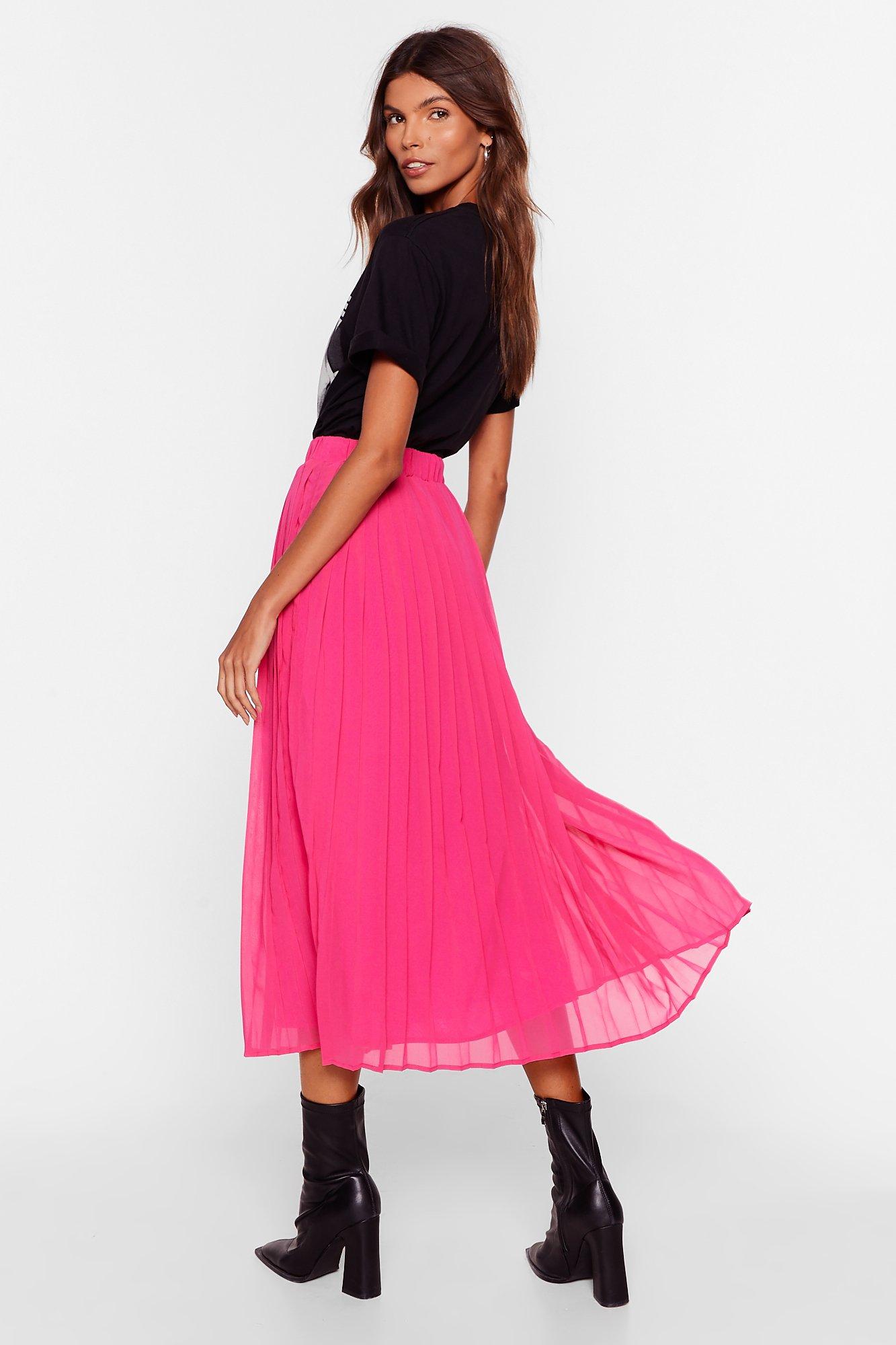 hot pink pleated midi skirt