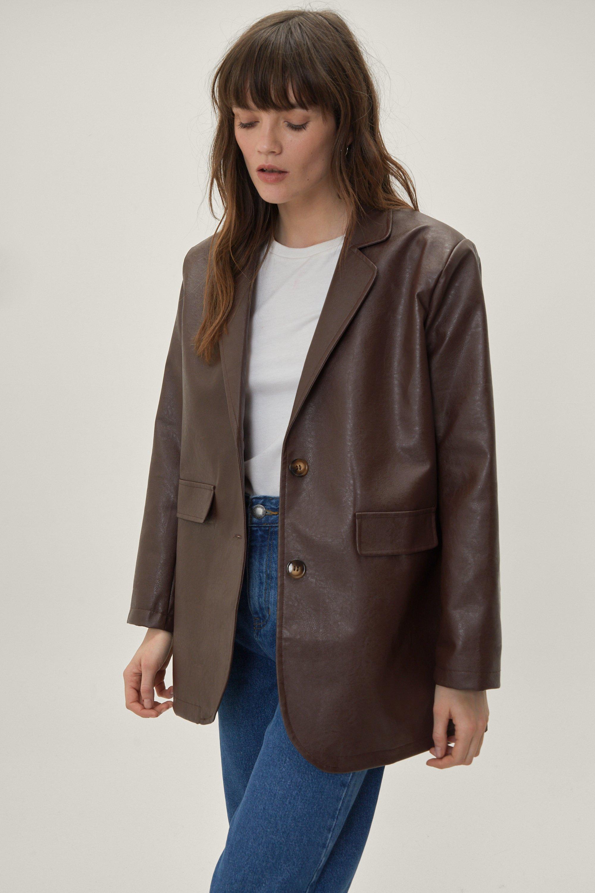 Blazer Mi-Long En Similicuir - Marron - 38, Marron