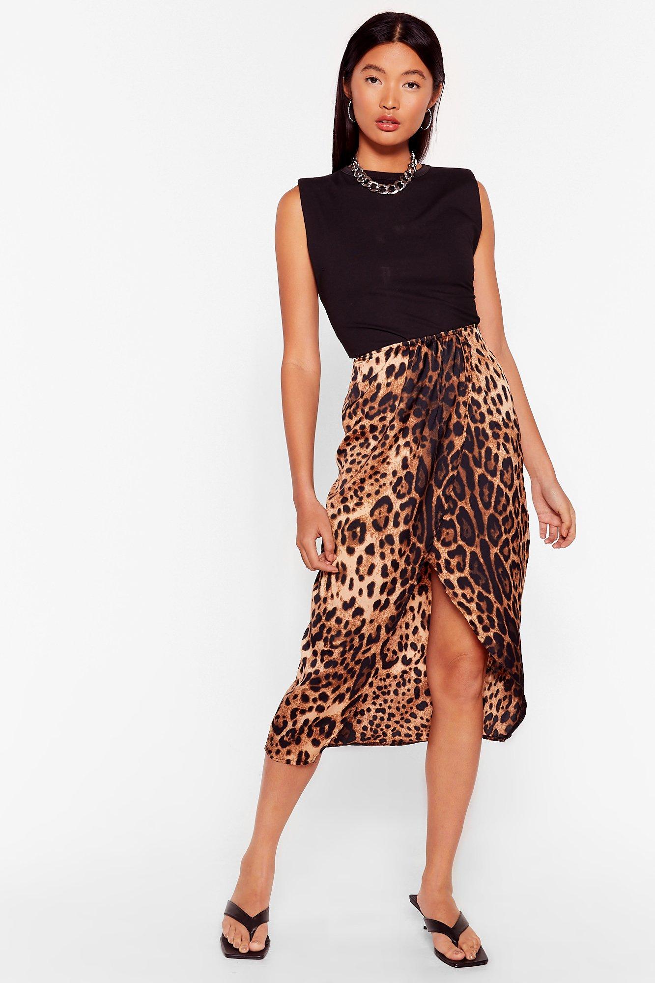 glamorous satin midi skirt in leopard print