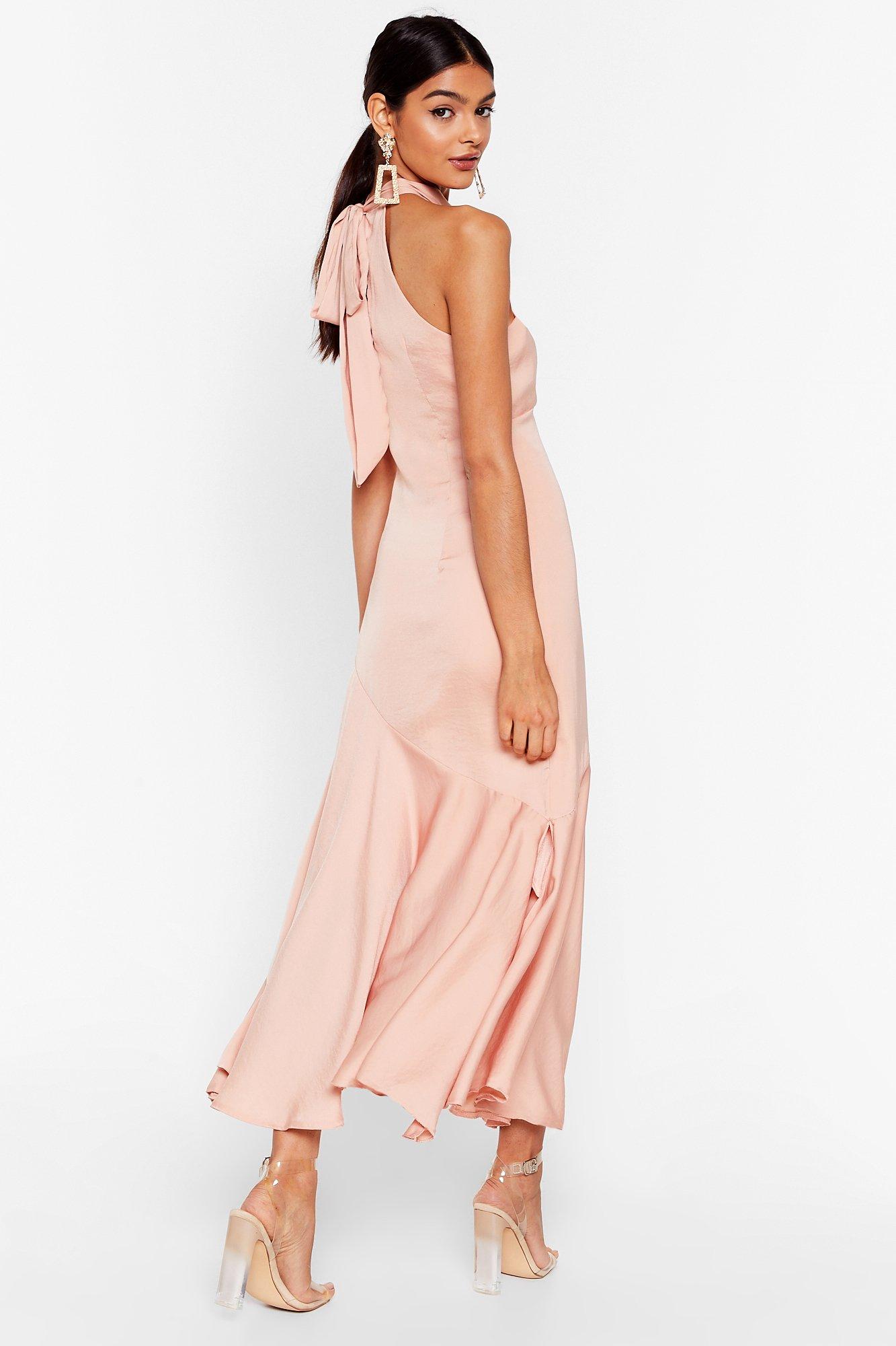 high neck satin maxi dress