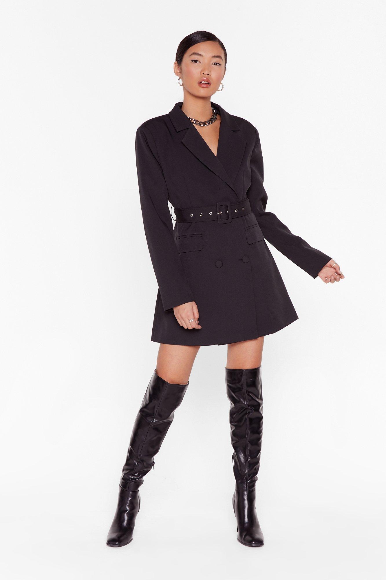 blazer dress with knee high boots