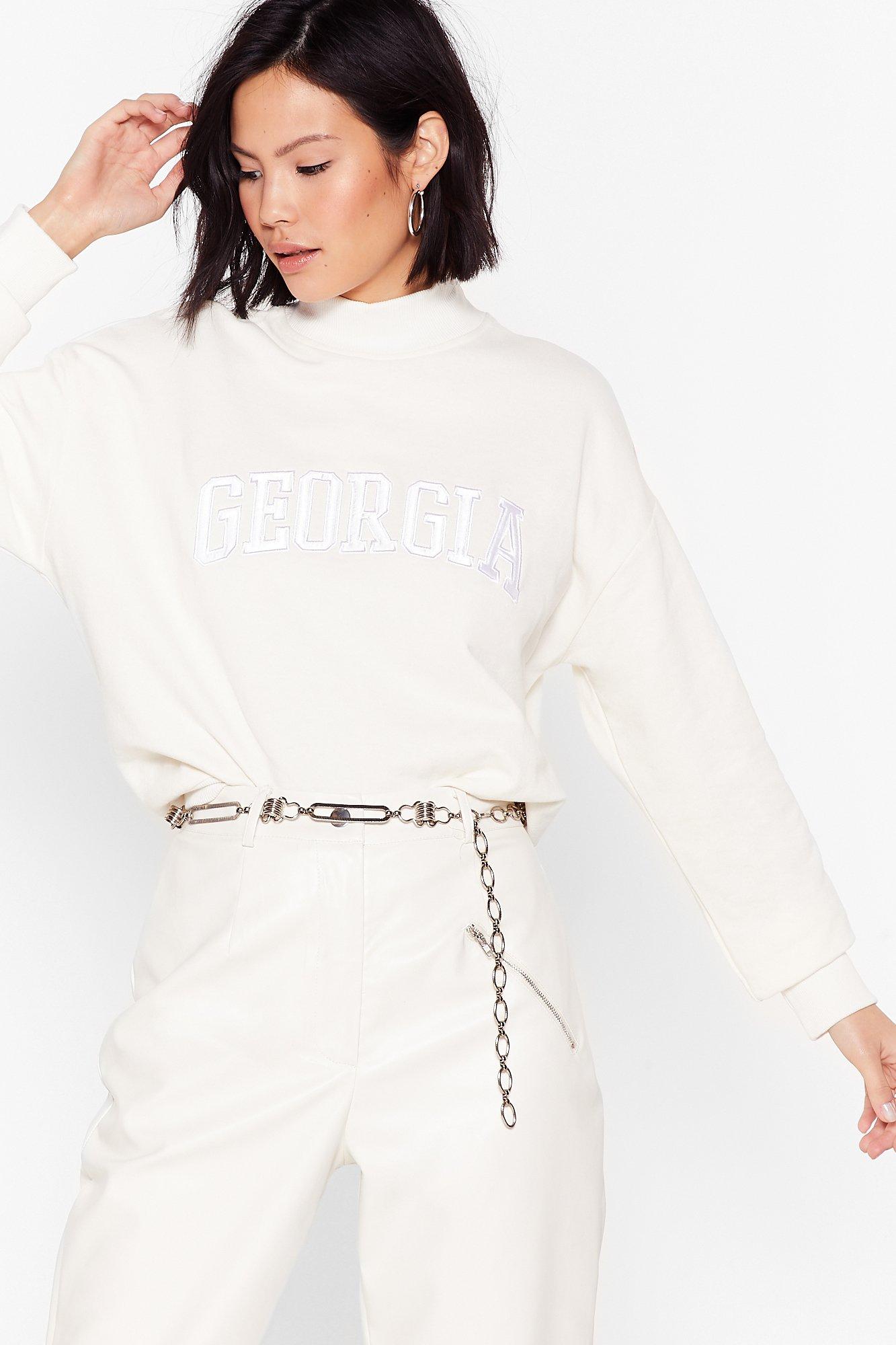 high neck white sweatshirt