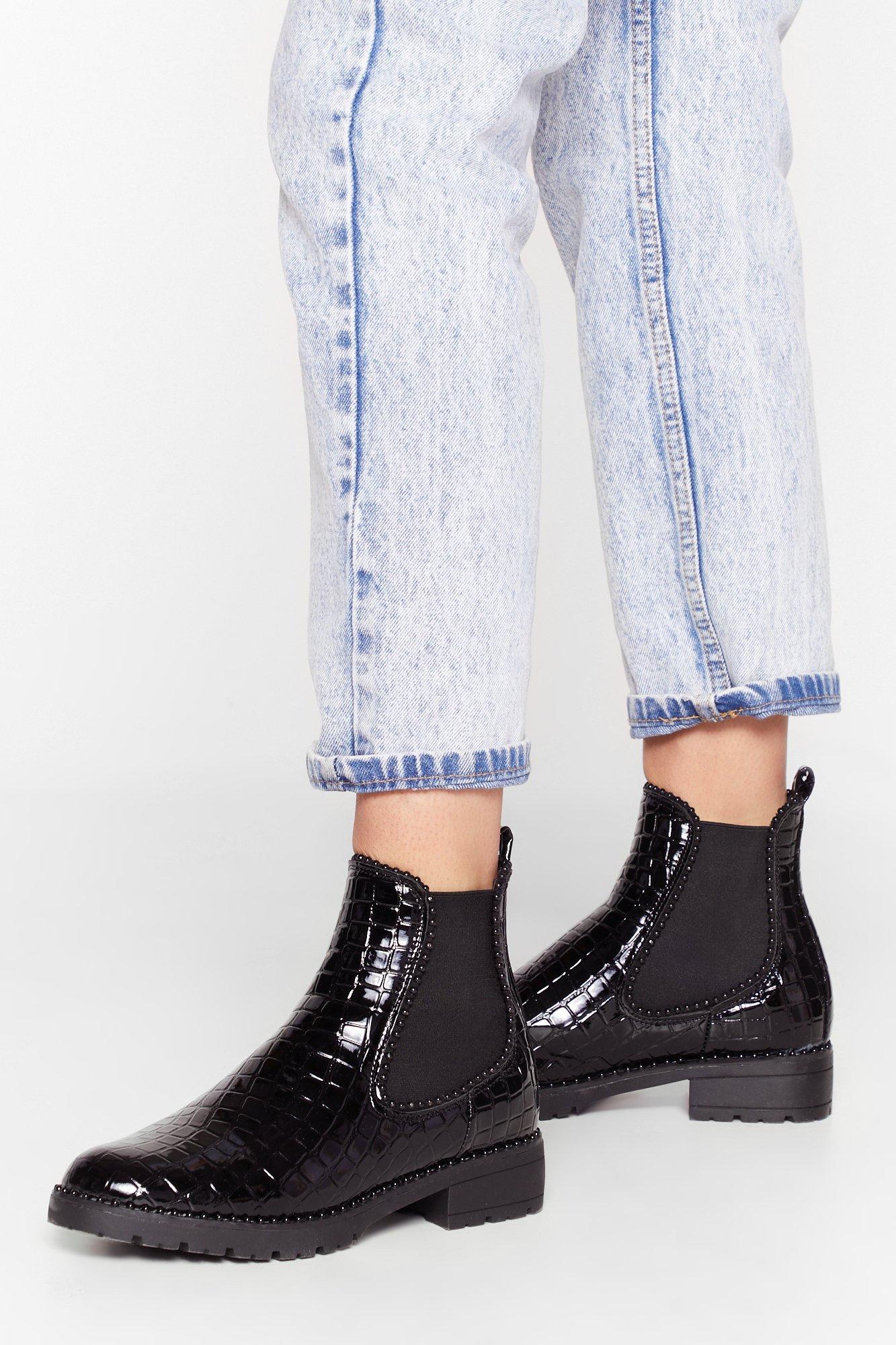 crocodile patent ankle boots