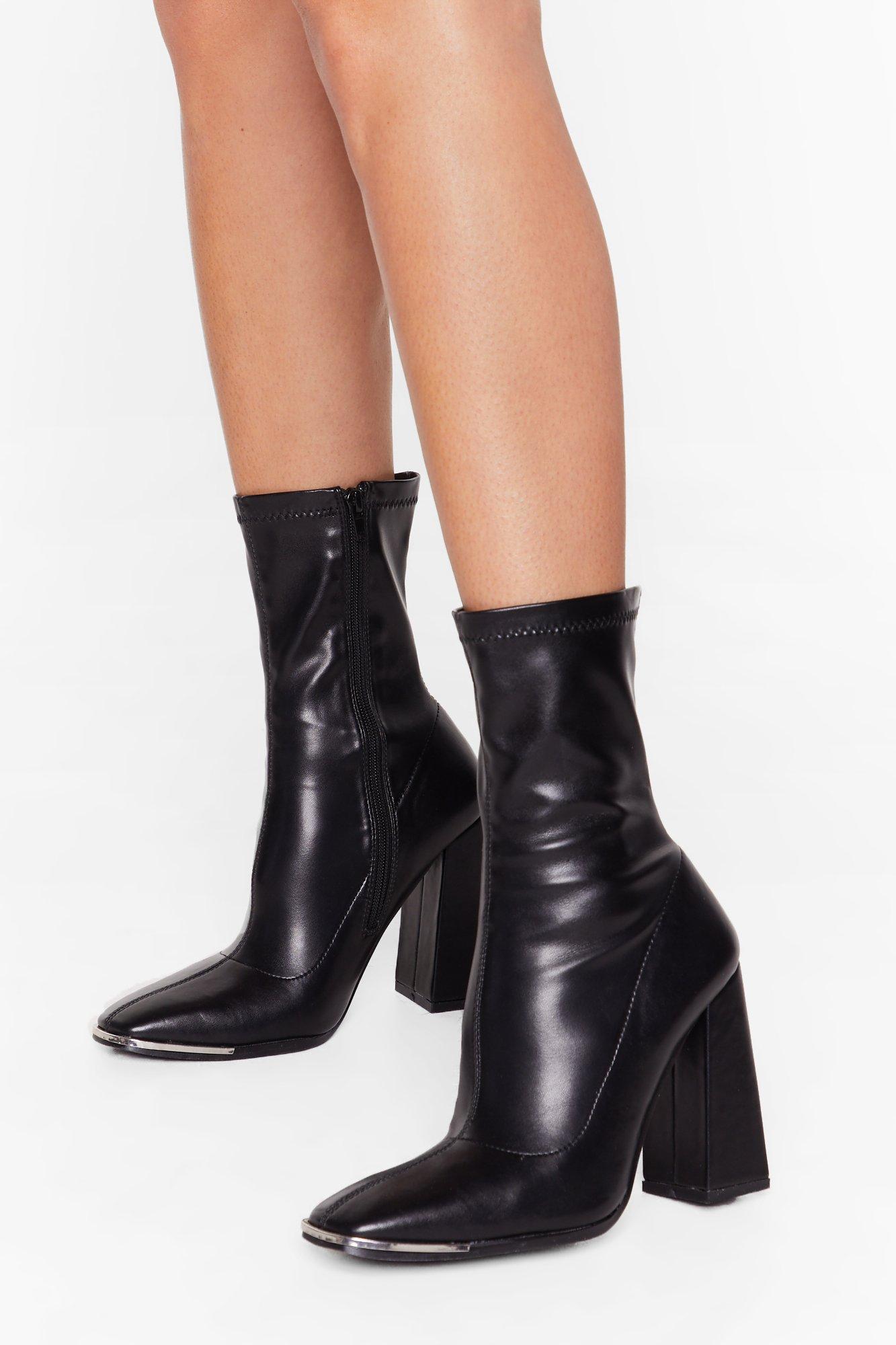 black faux leather sock boots