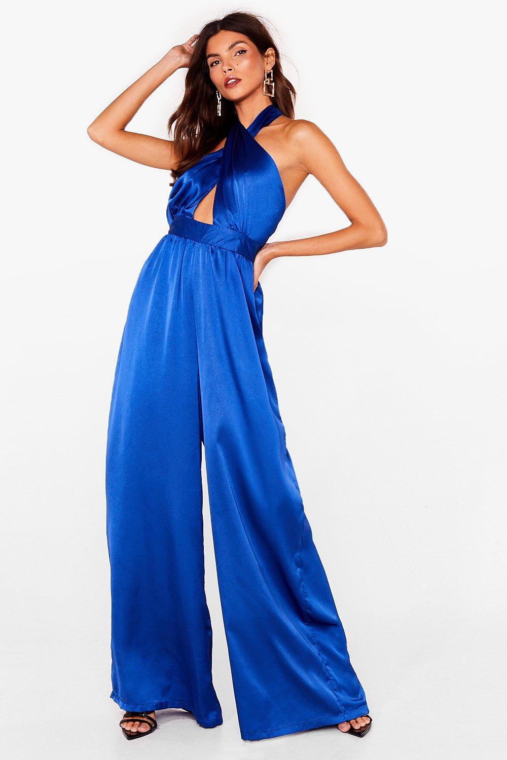 blue satin jumpsuit