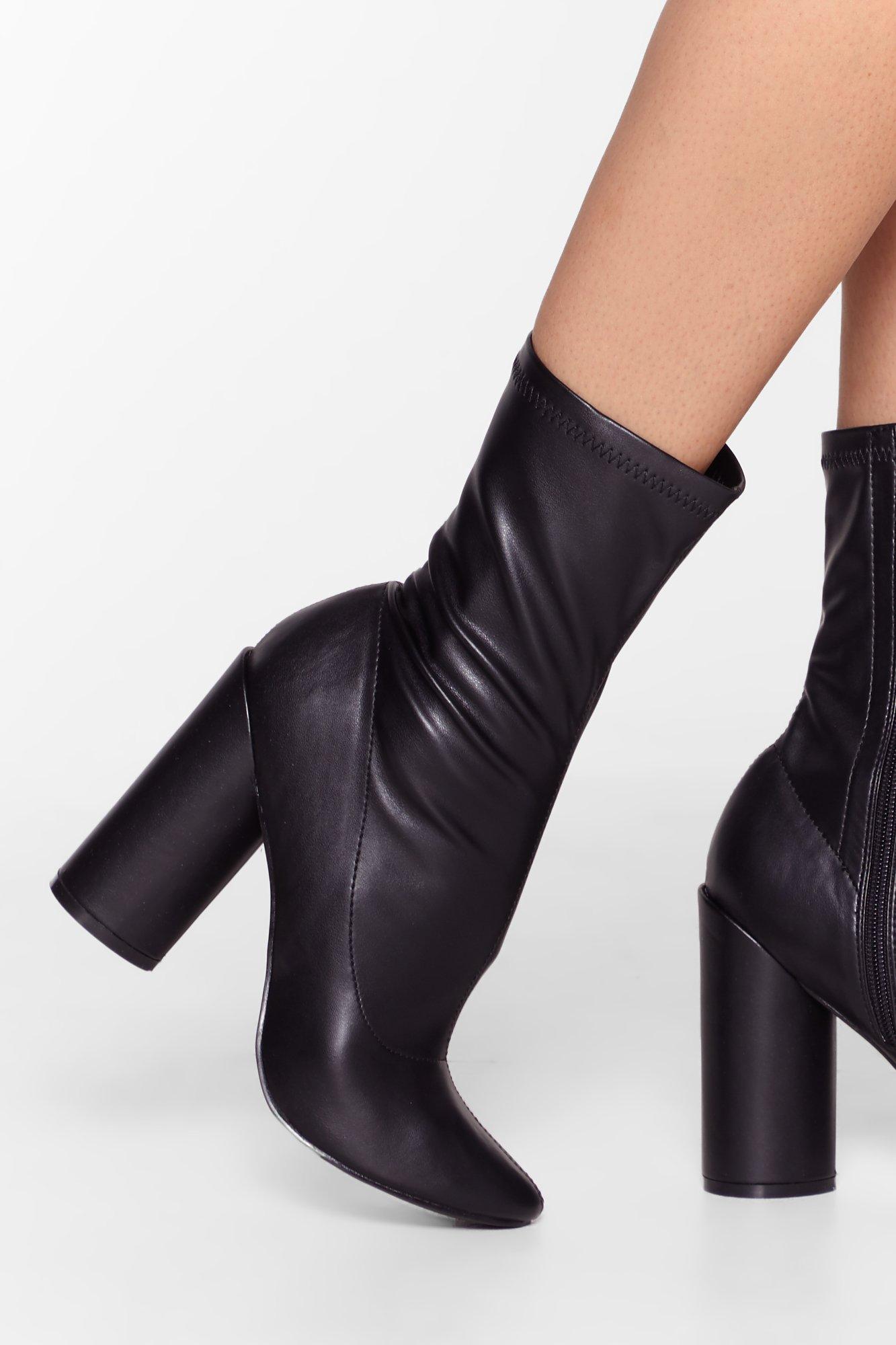 black faux leather sock boots