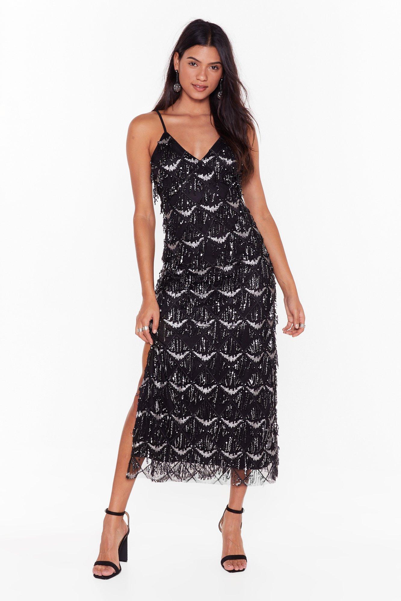 black embellished midi dress