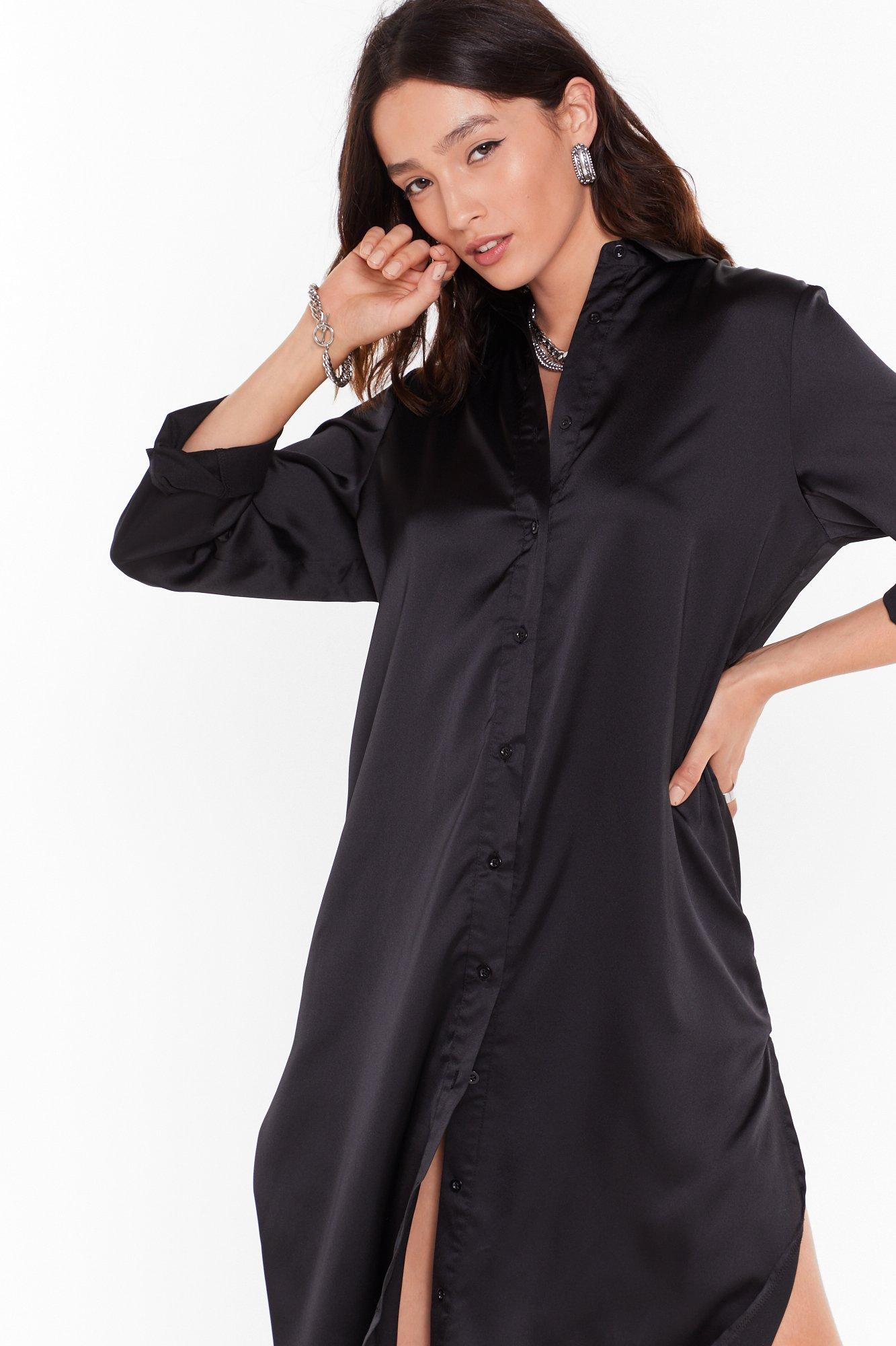 black satin shirt dress