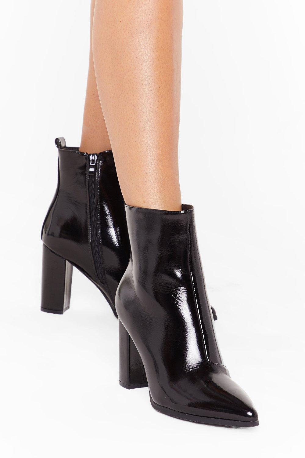 black patent flat ankle boots