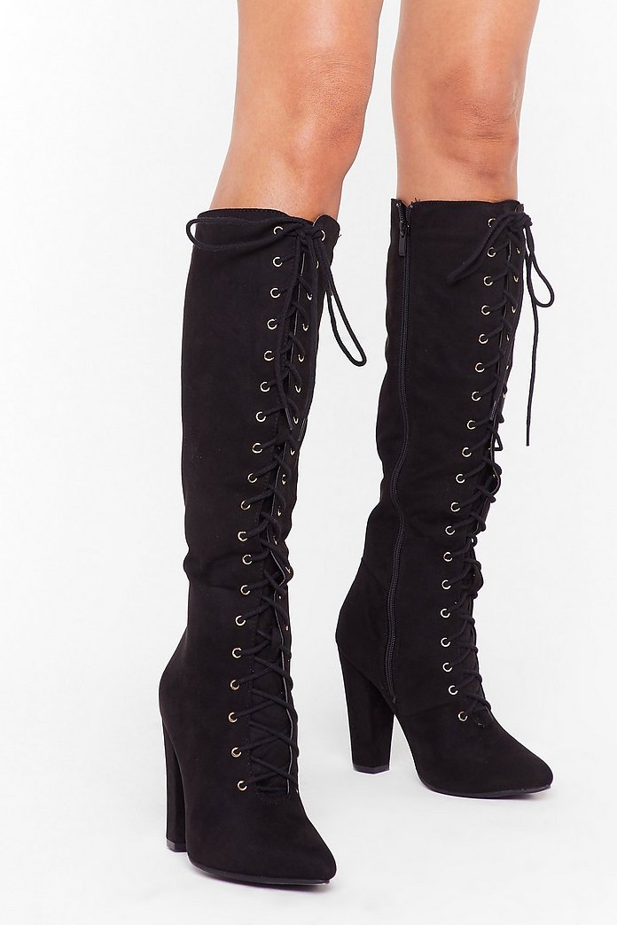 Lace Up The Ante Faux Suede Knee High Boots Nasty Gal