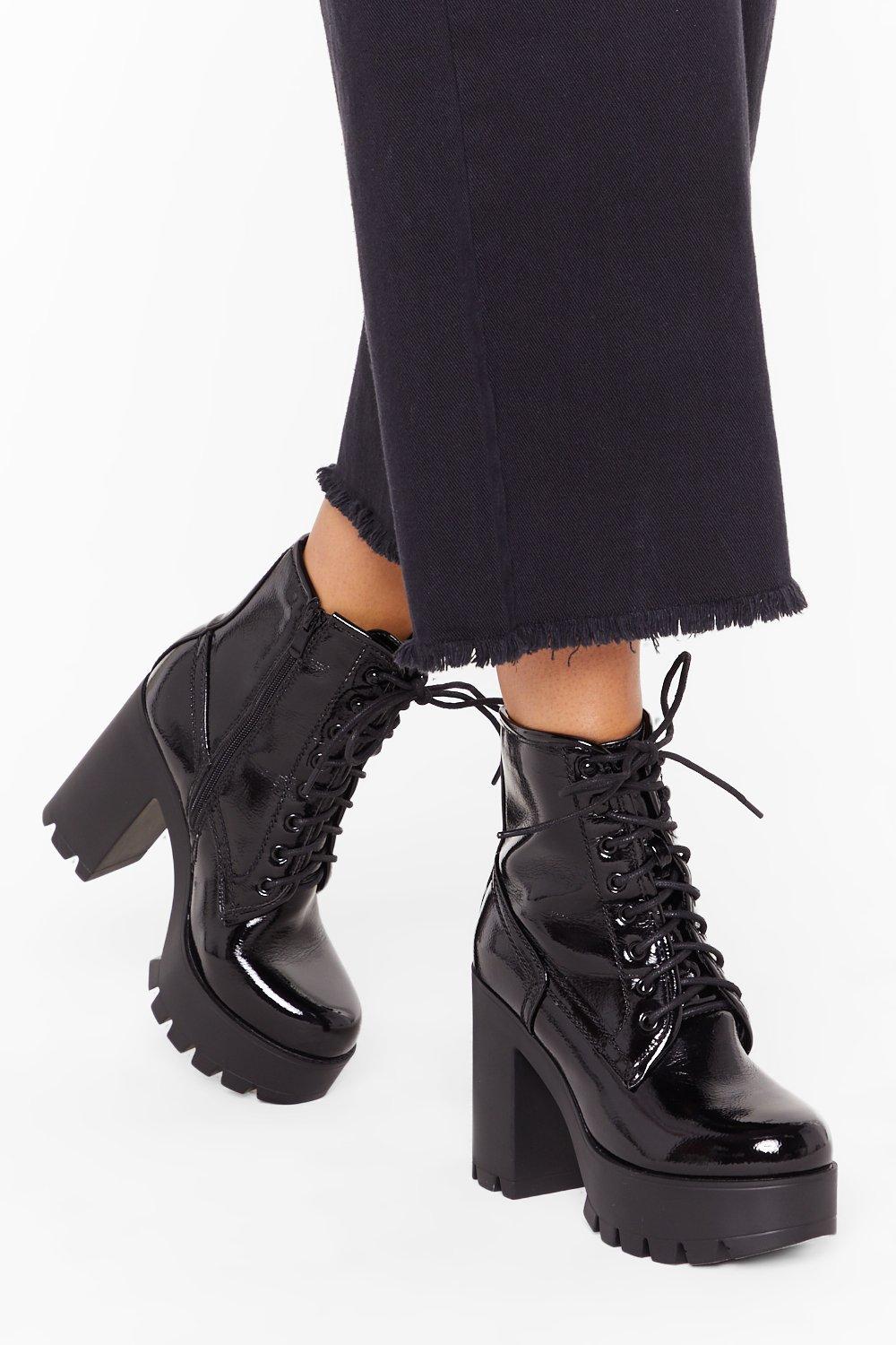 black lace up heeled hiker boots