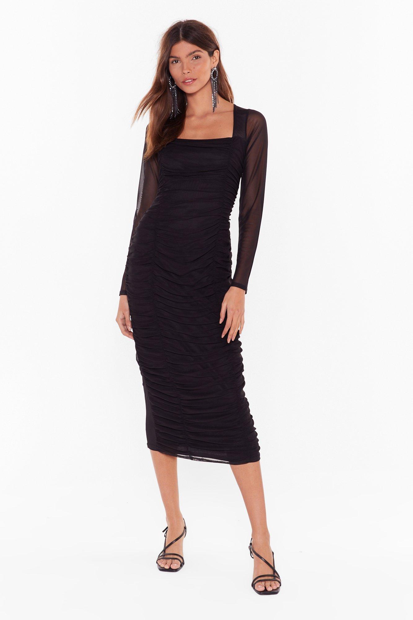 black mesh ruched midi dress