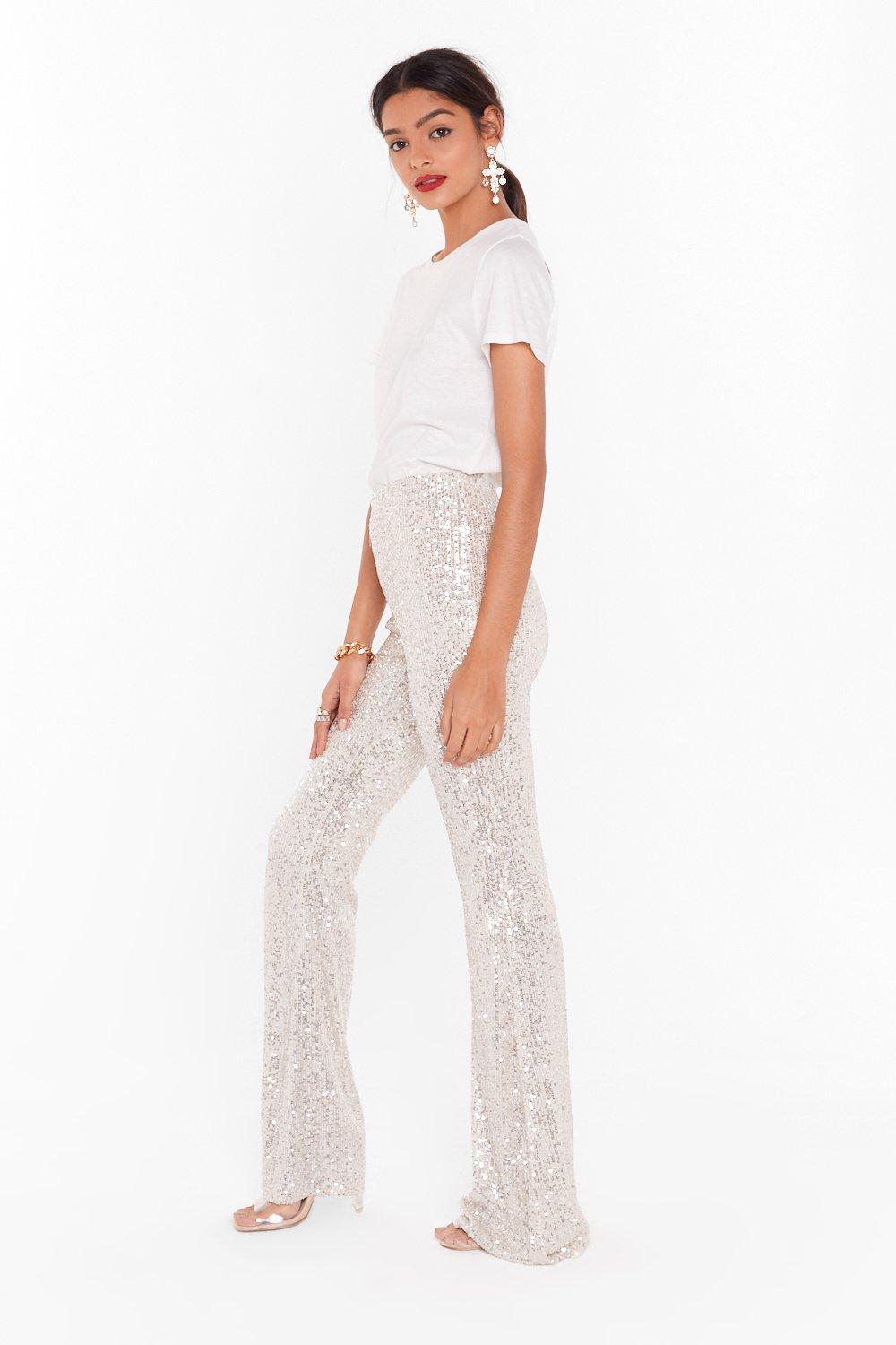 red sequin flare pants