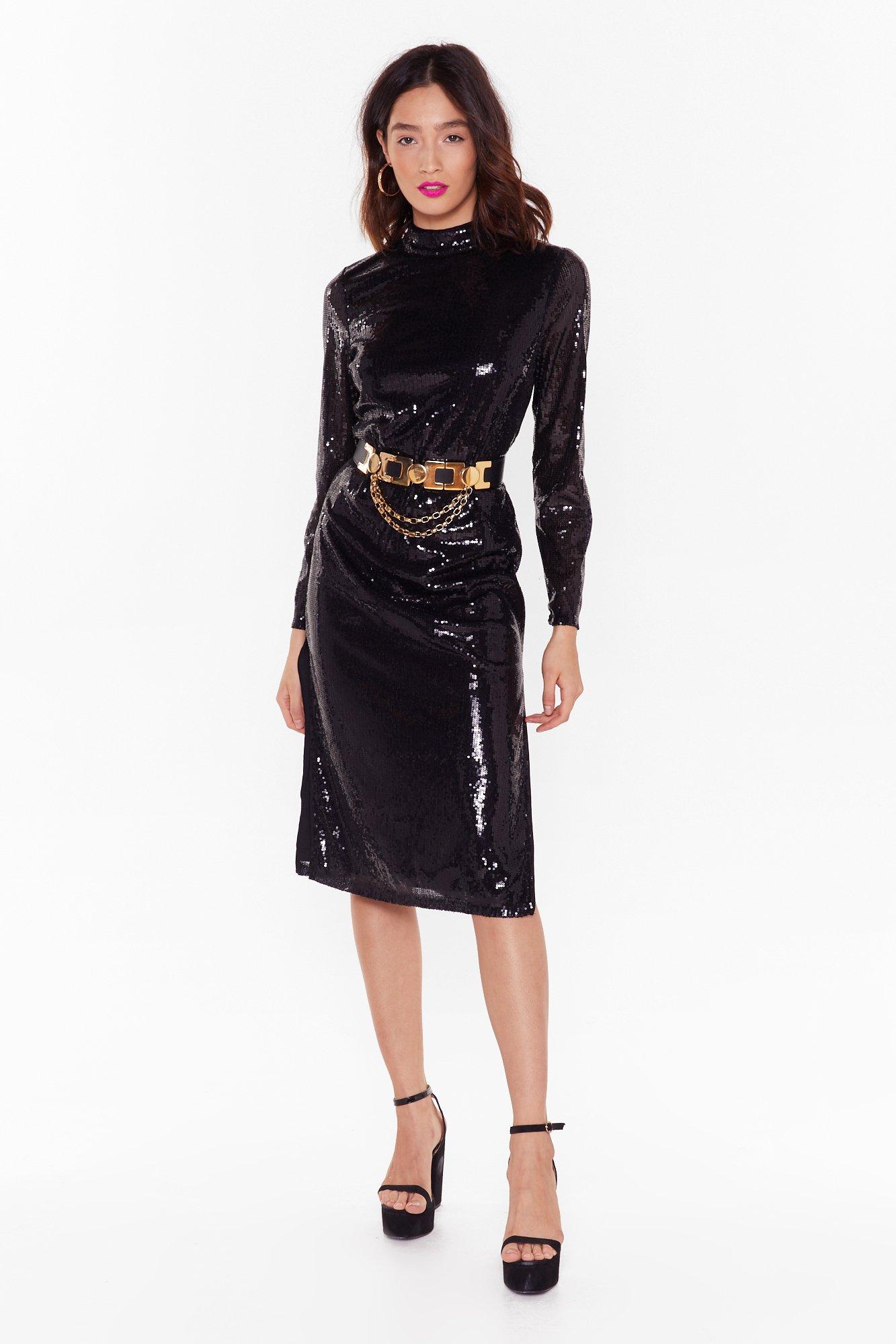 high neck sequin midi dress