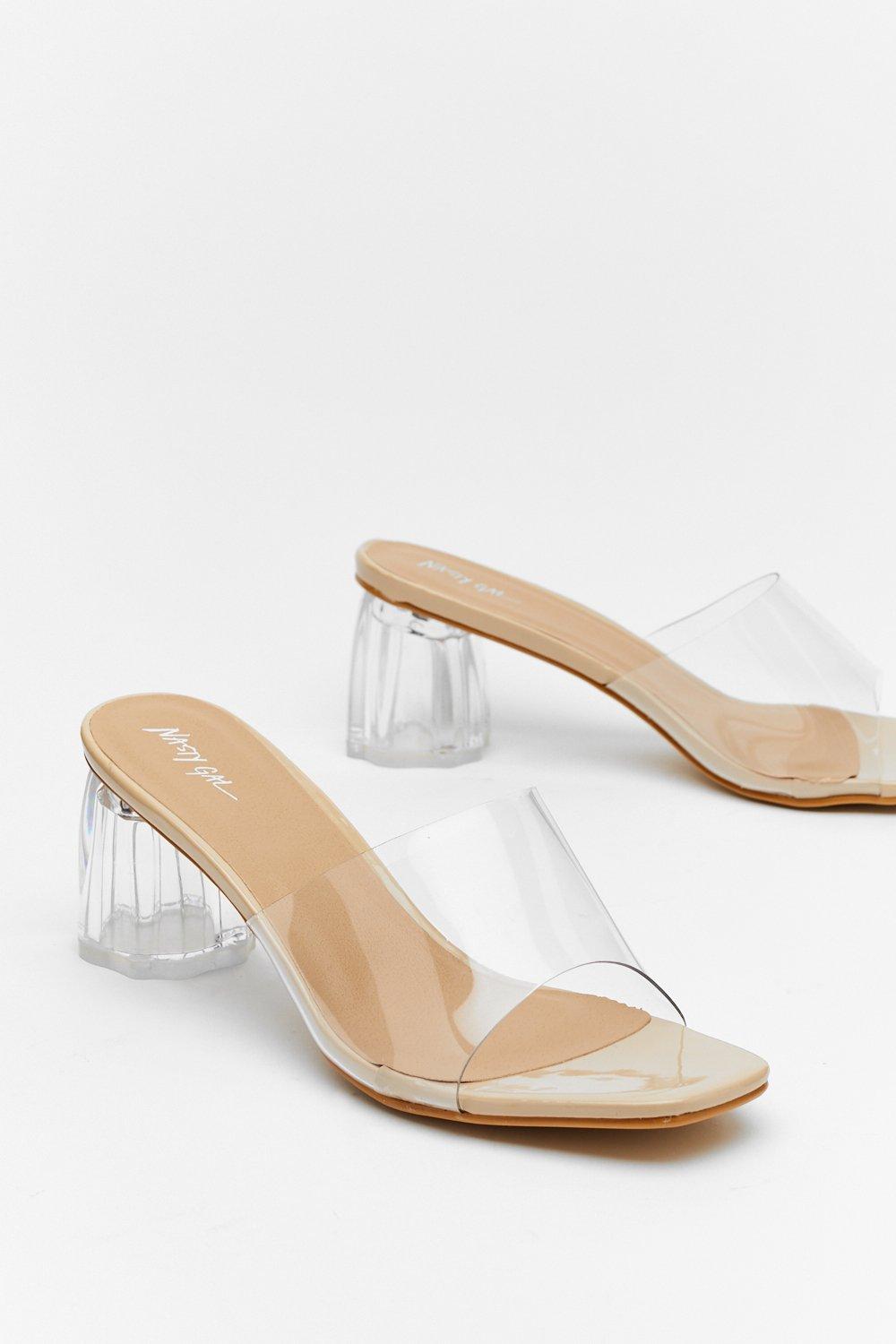 clear mule block heel