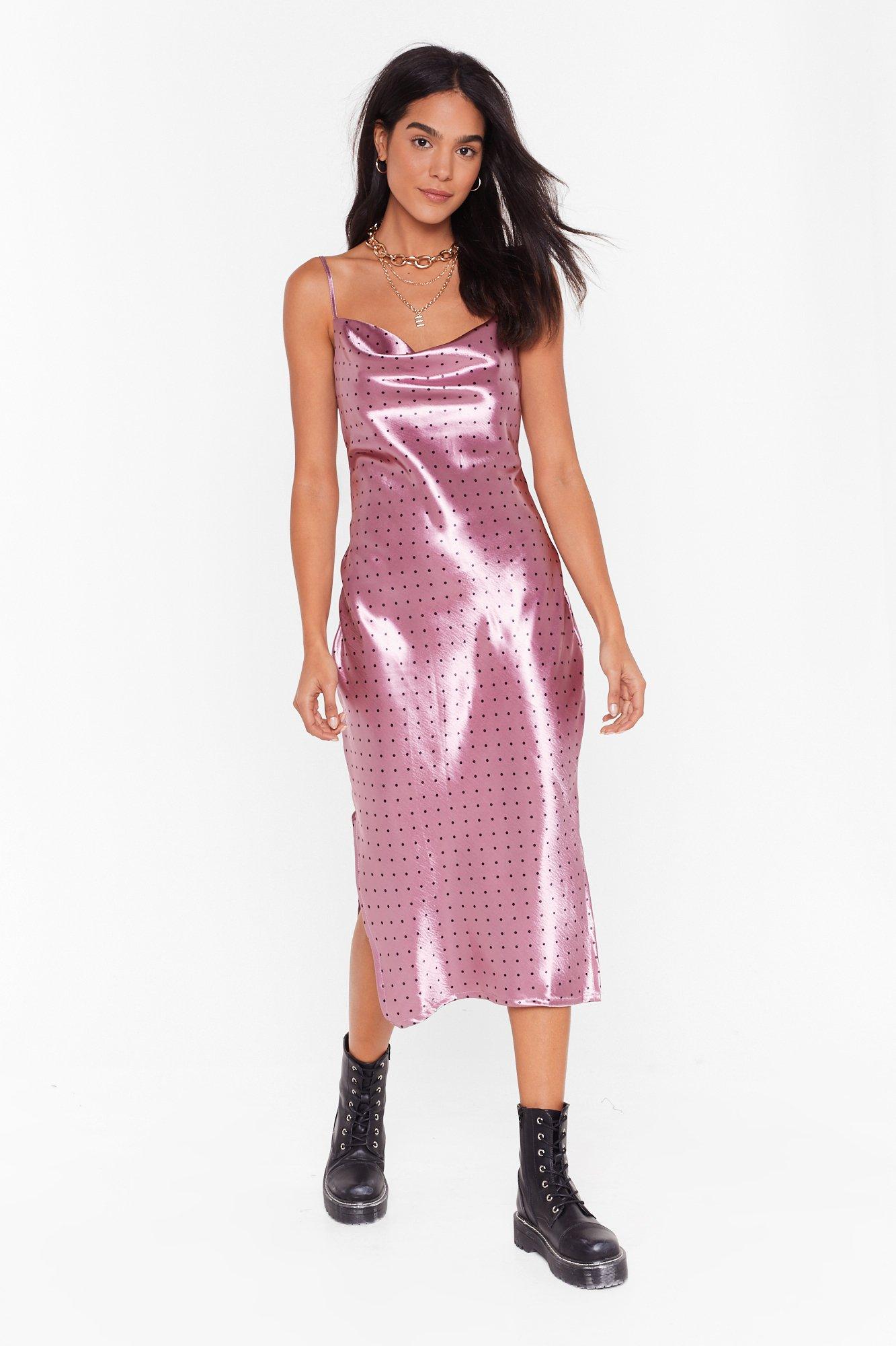 purple satin midi dress