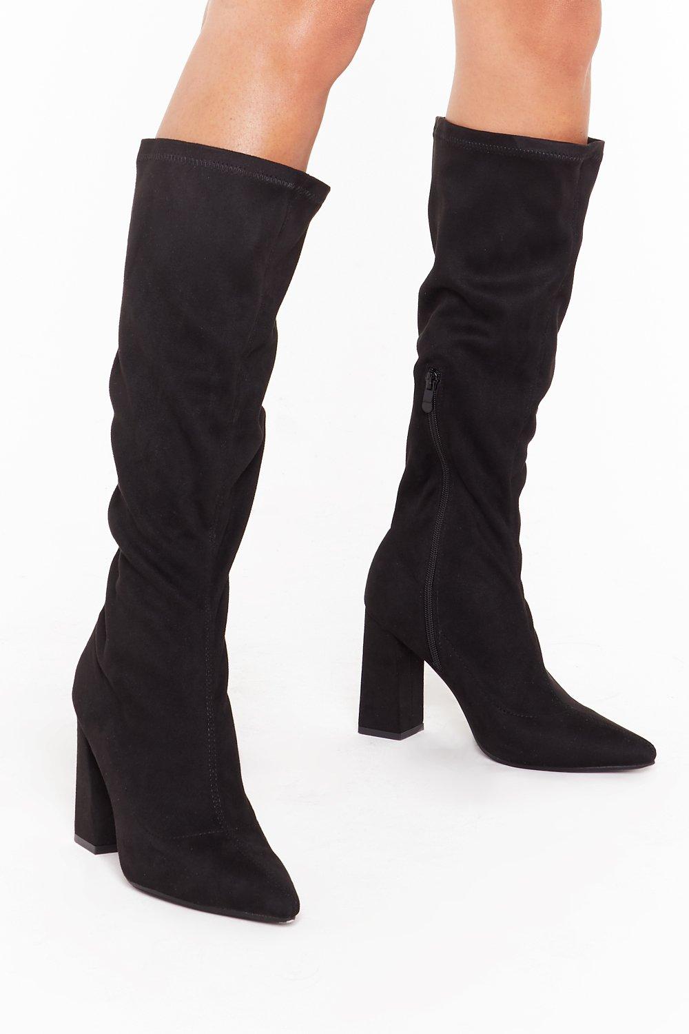 black suede knee high boots with heel